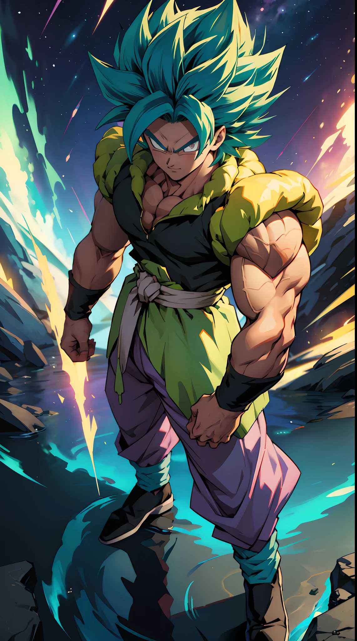 quadratic element,style of shonen anime artwork, fusion between goku and broly ,The proportions are correct,Face details,highly detailed eyes,hairstyle,Neck details,clothes details,getting ready to fight,short sleeves,Game quality,Light and shadow tracking,Ray traching,detailed glow,cg render,hair detail,Handsome,Handsome,（juvenile sense）,Clothing is complicated, Perfectcomposition,Refinement,high qulity,higher details,Lots of details, cosmos in the background, The background is complex, a sense of atmosphere, happy looking, ((anime))((colorful)), 8k, ((masterpiece)), HDR, highly detailed, vaines poping out, professiona,cloudstick,goku,super saiyan, full body artwork, on a planet, (teal hair:1.2), long hair