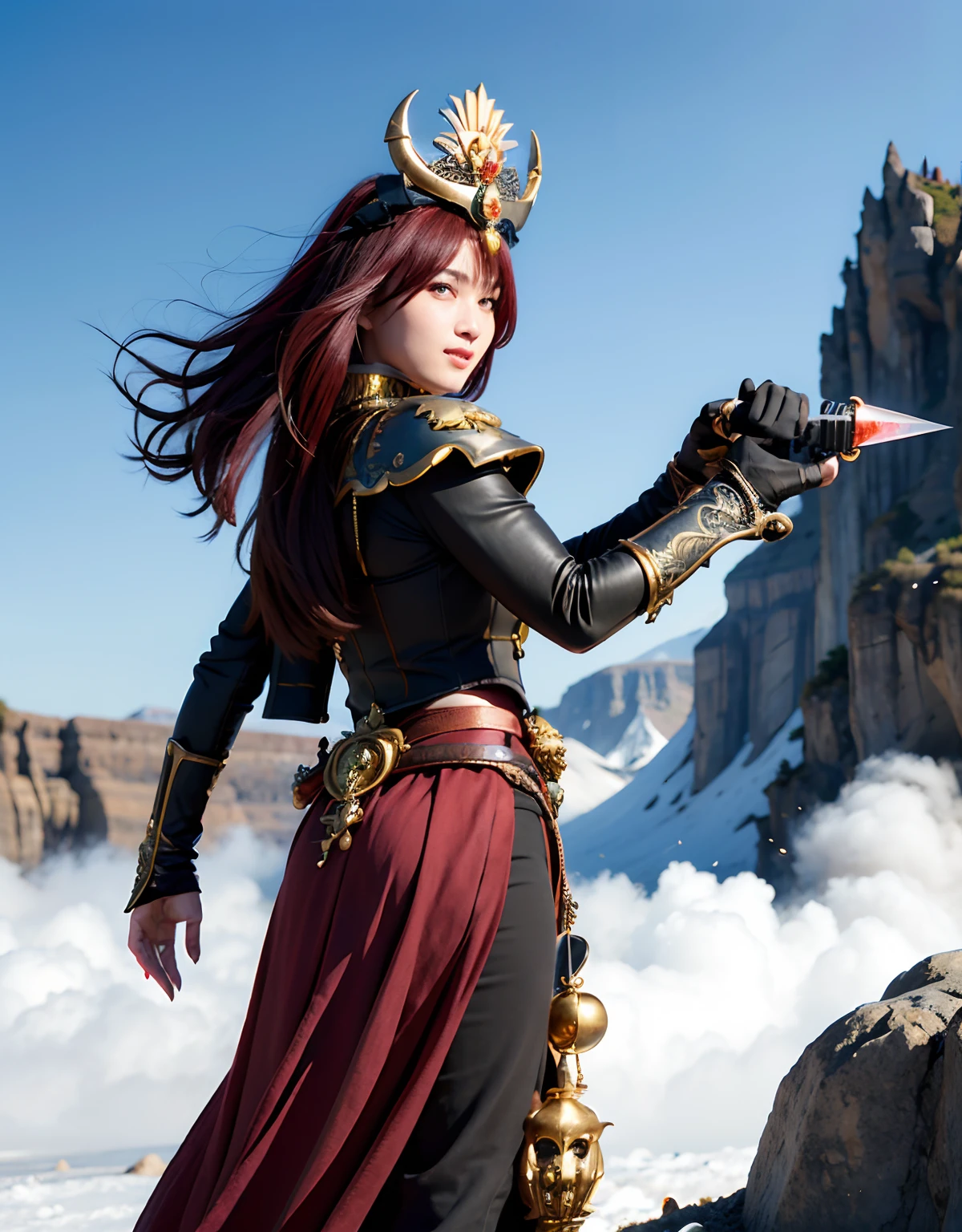 Professional , masterpiece、top-quality、photos realistic , 、top-quality、超A high resolution、(Photorealsitic:1.4)、Raw photo、depth of fields (Gemstone Gold Metal Body:1.9),(Matte White、Toostock、(cleavage of the breast)、(Detailed Dragon Armor)、(Have the strongest weapon)、((Random Hairstyles 1.6),Dark Fantasy,)explosions、intense fighting、(Precipitous cliffs),Dragon Gold Weapon,Mystical expression、Particles of light、Fight dragons、(Detailed Dragon Helmet),Gorgeous Silver Weapons ,(( Dragon's dense and gorgeous sword)) , Beautiful knife ,warhammer 40k ,Detail and gorgeous crown、((Red hair))、(Castle background)、、((Gangle's forest background))、Beautiful Caucasian beauty、1a person、dynamic ungle,(((Detailed and ornate Black Devil Crown)))、Smaller head、A smile、Castle background、Thin and beautiful female hands、cleavage of the breast、Soldier in iron armor on background、Mystical expression、Light Effects、intense fighting、Wind-effect、magic circles、With the legendary magic wand、(demonic wings)、