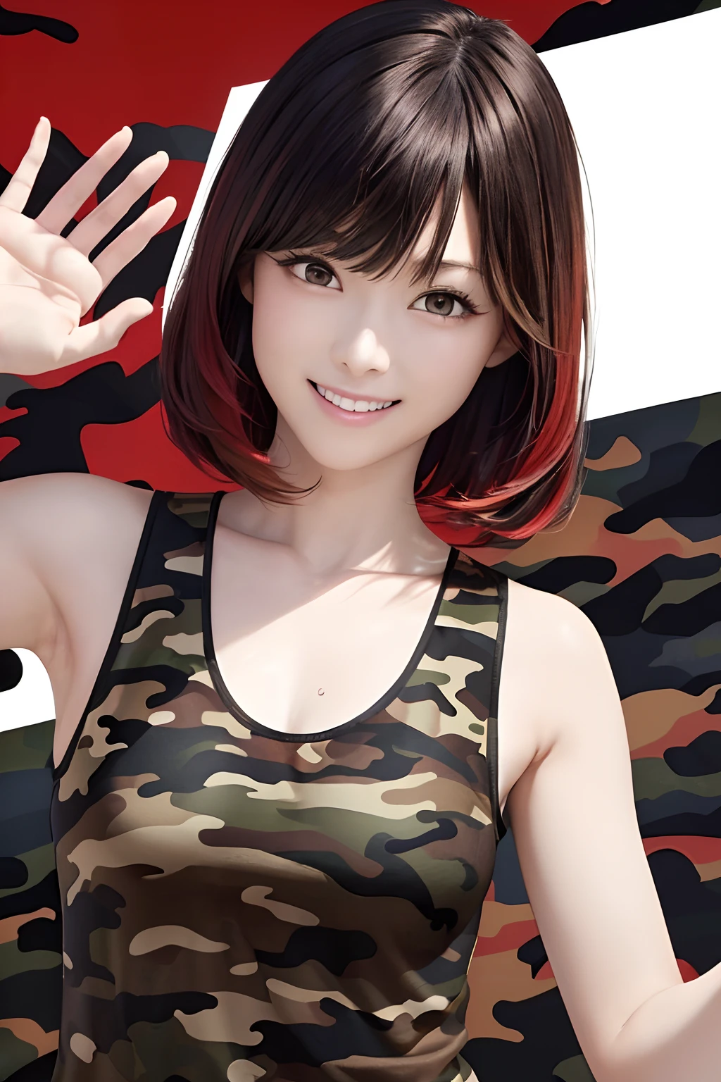 FULL BODYSHOT、an oil painting、masterpiece、top-quality、hight resolution、Red hair、Black hot pants sweaty skin、(((Pitch black background)))、bobhair、Medium Hair、A smile、(((Camouflage pattern tank top)))、Hair that grows to the shoulders、(((Waving hands)))、