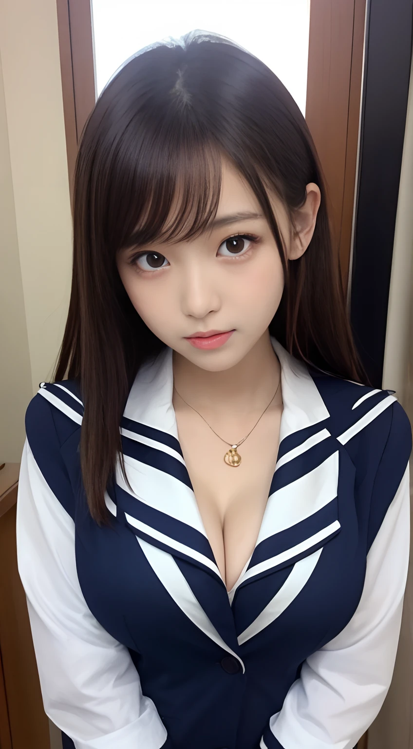 School Uniform Blazer、a sailor suit、large full breasts:1.5、The shirt inside is light、Cleavage emphasis、