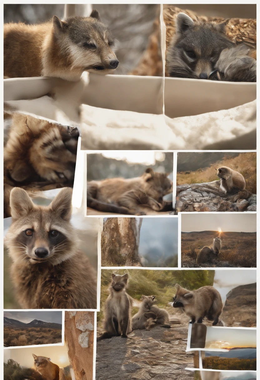 arafed image of a collage of pictures of a raccoon, a cat, a dog, and a raccoon, art station ”, by Eva Švankmajerová, cute furry needs your help, made out of wool, artstatiom, realistic'', cozy under a blanket, pareidolia, made of lava, bed is not made