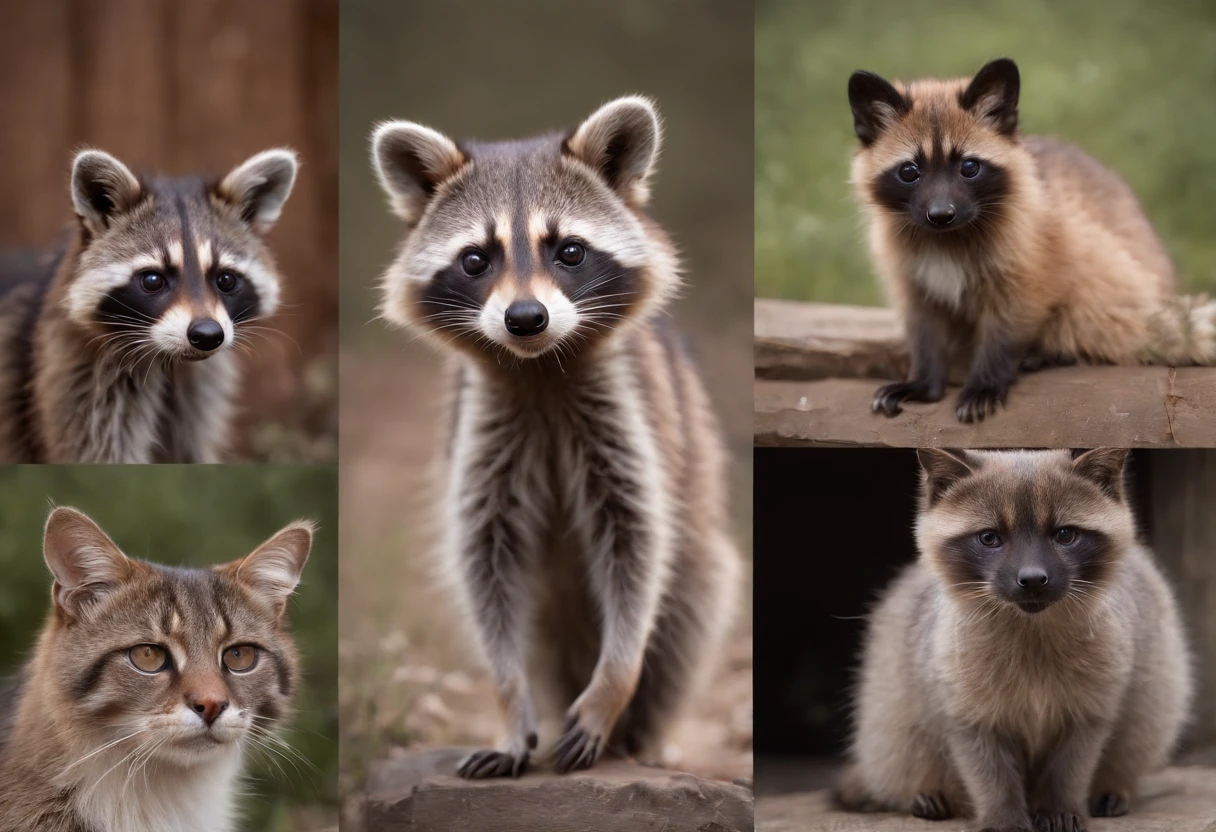 arafed image of a collage of pictures of a raccoon, a cat, a dog, and a raccoon, art station ”, by Eva Švankmajerová, cute furry needs your help, made out of wool, artstatiom, realistic'', cozy under a blanket, pareidolia, made of lava, bed is not made