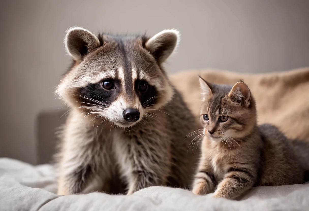 arafed image of a collage of pictures of a raccoon, a cat, a dog, and a raccoon, art station ”, by Eva Švankmajerová, cute furry needs your help, made out of wool, artstatiom, realistic'', cozy under a blanket, pareidolia, made of lava, bed is not made