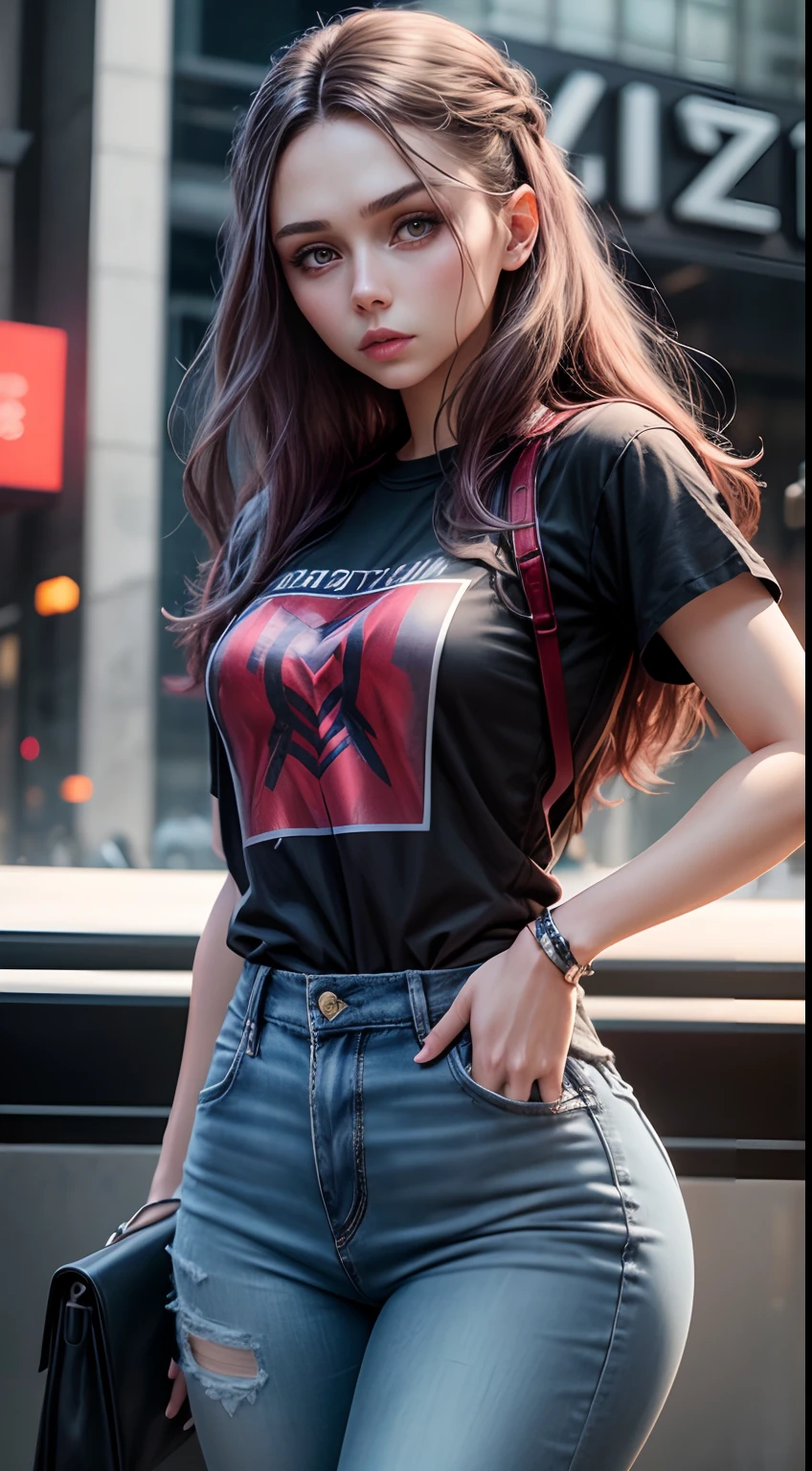 This description showcases a young Wanda, also known as Scarlet Witch, with a mesh 3D material skin. The motion 3D portrayal of Elizabeth Olsen brings life and movement to the character. Wanda is seen wearing a modern long  fashion t-shirt paired with jeans pants, displaying a trendy and casual style. Her fashionable outfit reflects her youthful and stylish personality. Additionally, Wanda can also be seen donning a  t-shirt, adding versatility to her wardrobe. Whether it's a modern t-shirt and jeans or a long-short t-shirt, Wanda Maximoff's fashion choices highlight her beauty and fashion-forwardness.