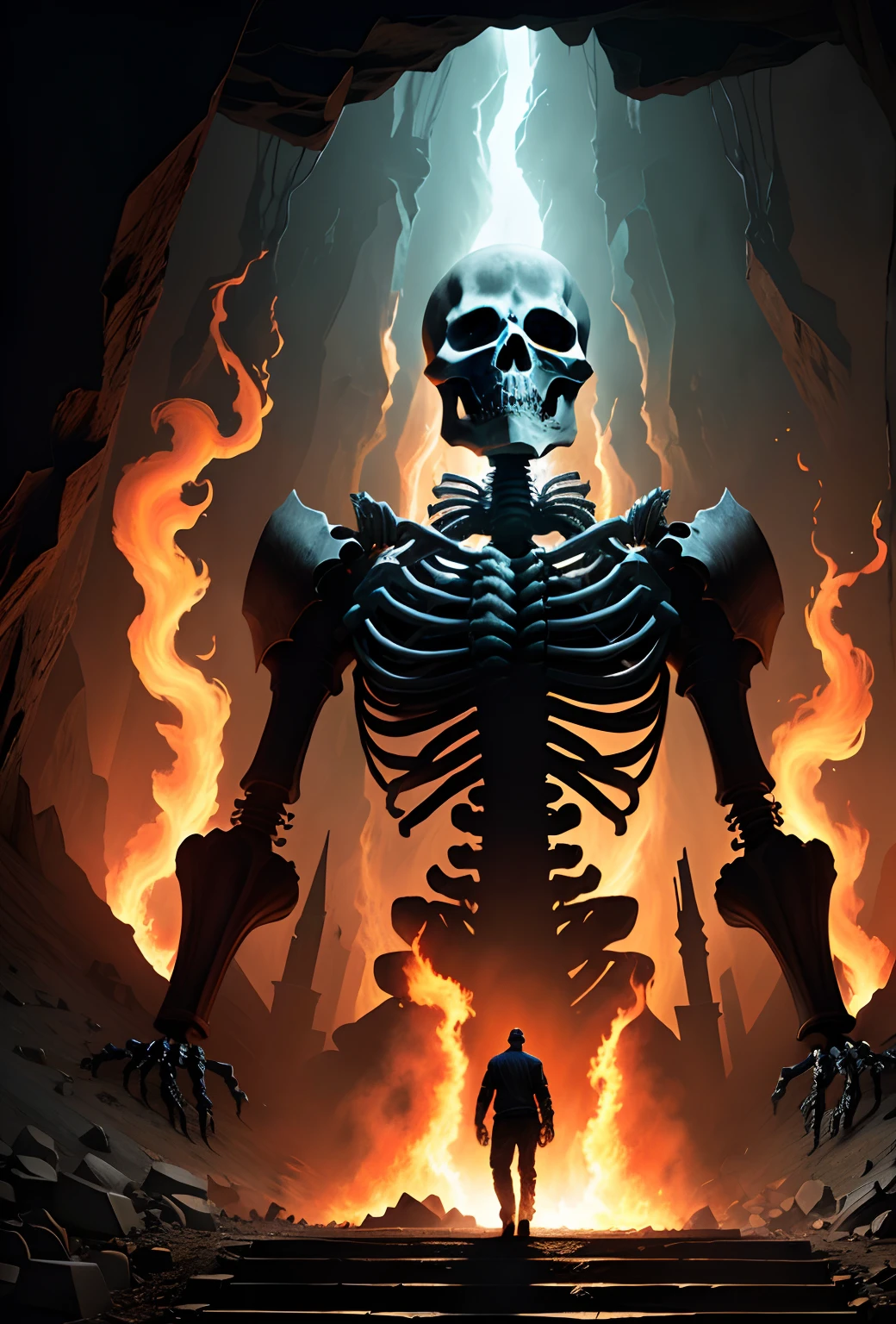 A man walks up the stairs in a cave, stairs from hell to heaven, Hellscape, Travel through hell, portal to hell, Out of the flames, portal to hell, stairway to heaven, portal to hell, Surreal hell, portal to hell, Stand in hell, iintricate、Epic composition, amazingly epic visuals, Hell background,skelleton,Skeleton falls apart on the road
