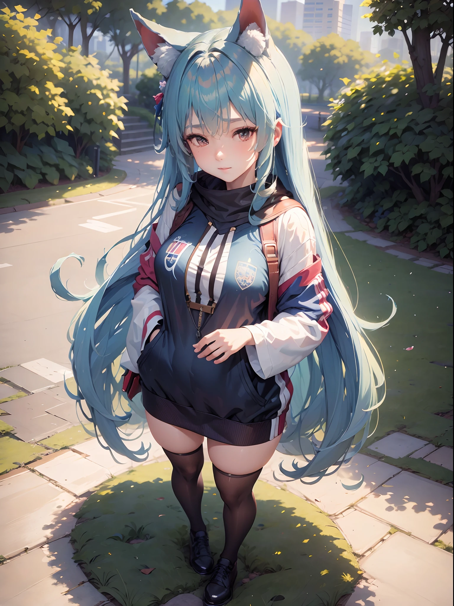 (Masterpiece) (High Detail) (High Res) Inu Aoimimi stood in the middle of a park. Blue hair, Blue dog ears, blue fluffy dog tail.