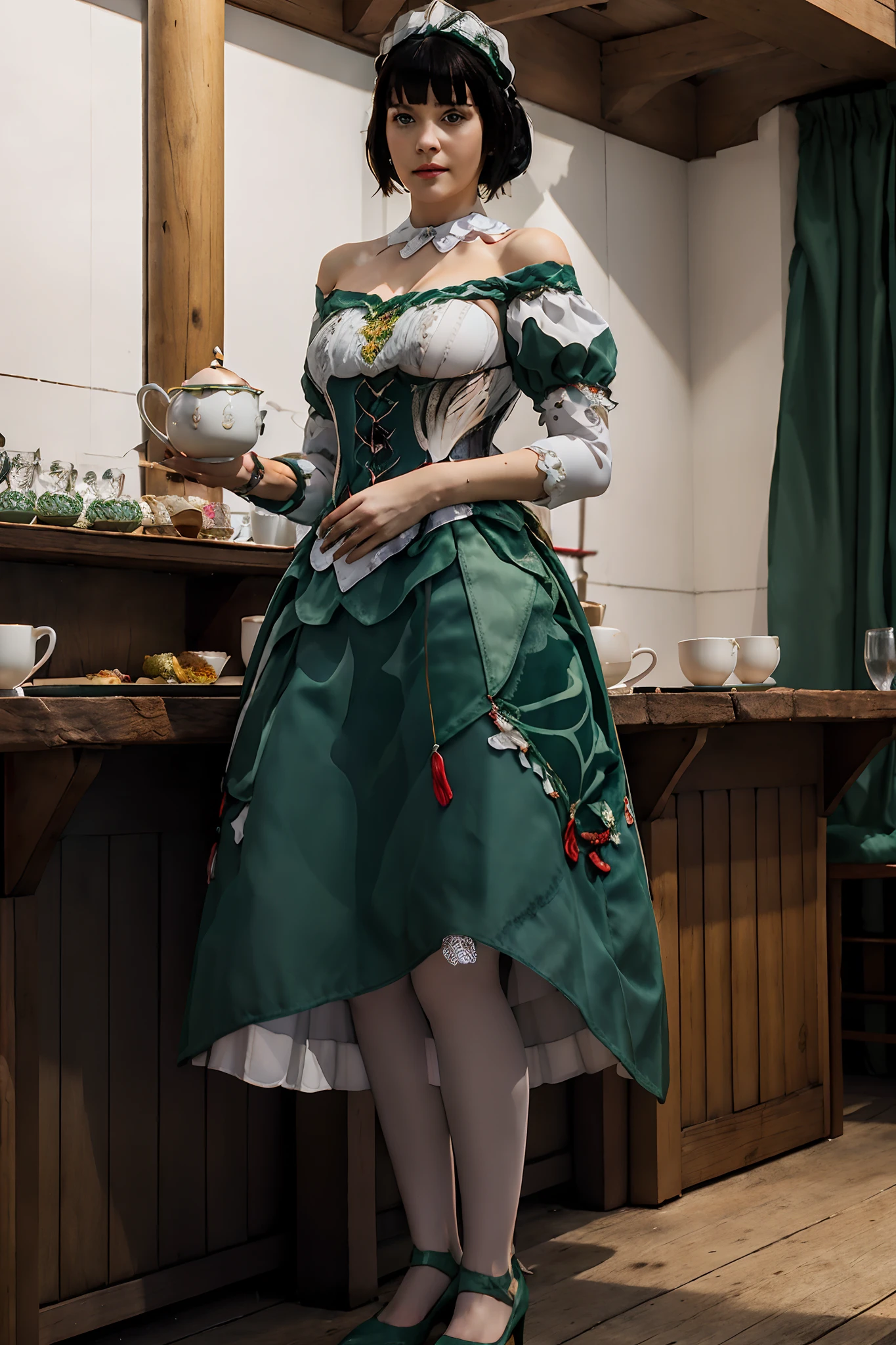 Masterpiece, Best Quality, 1girl,  Standing, Serving tea in a café, Medieval times, full - body, Medium Hair, Jewelry, gemstone, long skirt, maiden, Green & whitedress, off-shoulder, bow, white pantyhose, Vertical Striped Tights, puffy sleeves, blunt bangs, detached collar, maid headdress, red bow, Green Collar, green shoes, corset, blue eyes,  black hair, Short hair, long skirt,