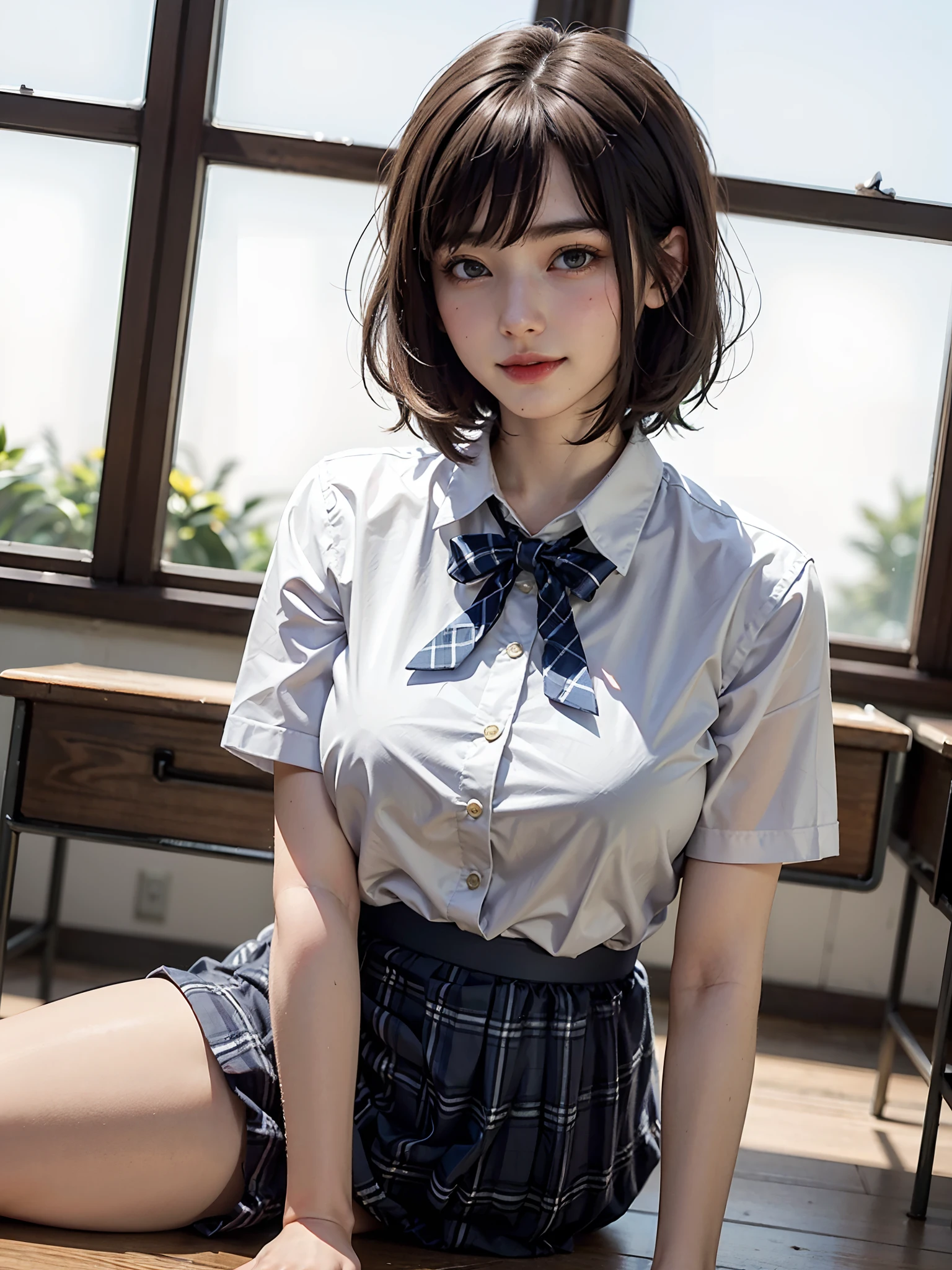 (RAW shooting:1.2)、(realistic:1.4)、(masterpiece:1.3)、(highest quality:1.4)、young japanese woman、(cute:1.2)、high school uniform、Impossibly short skirt、very cute face、blush、shy smile、(navy blue ribbon、white shirt、micro mini pleated skirt:1.3)、(Medium chest:1.3)、(cleavage)、(erect nipples:1.2)、sexy pose、(Try it yourself Skirt lift)、(show panties:1.3)、white panties、panties focus、(sit、raise your legs:1.2)、(clear focus:1.2)、(cute woman with perfect figure:1.4)、best smile、(layered haircut:1.2)、thin、shiny skin、Highly detailed face and skin texture、fine eyes、double eyelid、panties reflected on camera、Angle looking up from below、Low - Angle、(very sexy:1.3)、Bokeh、obscene、erotic、perfect limbs、