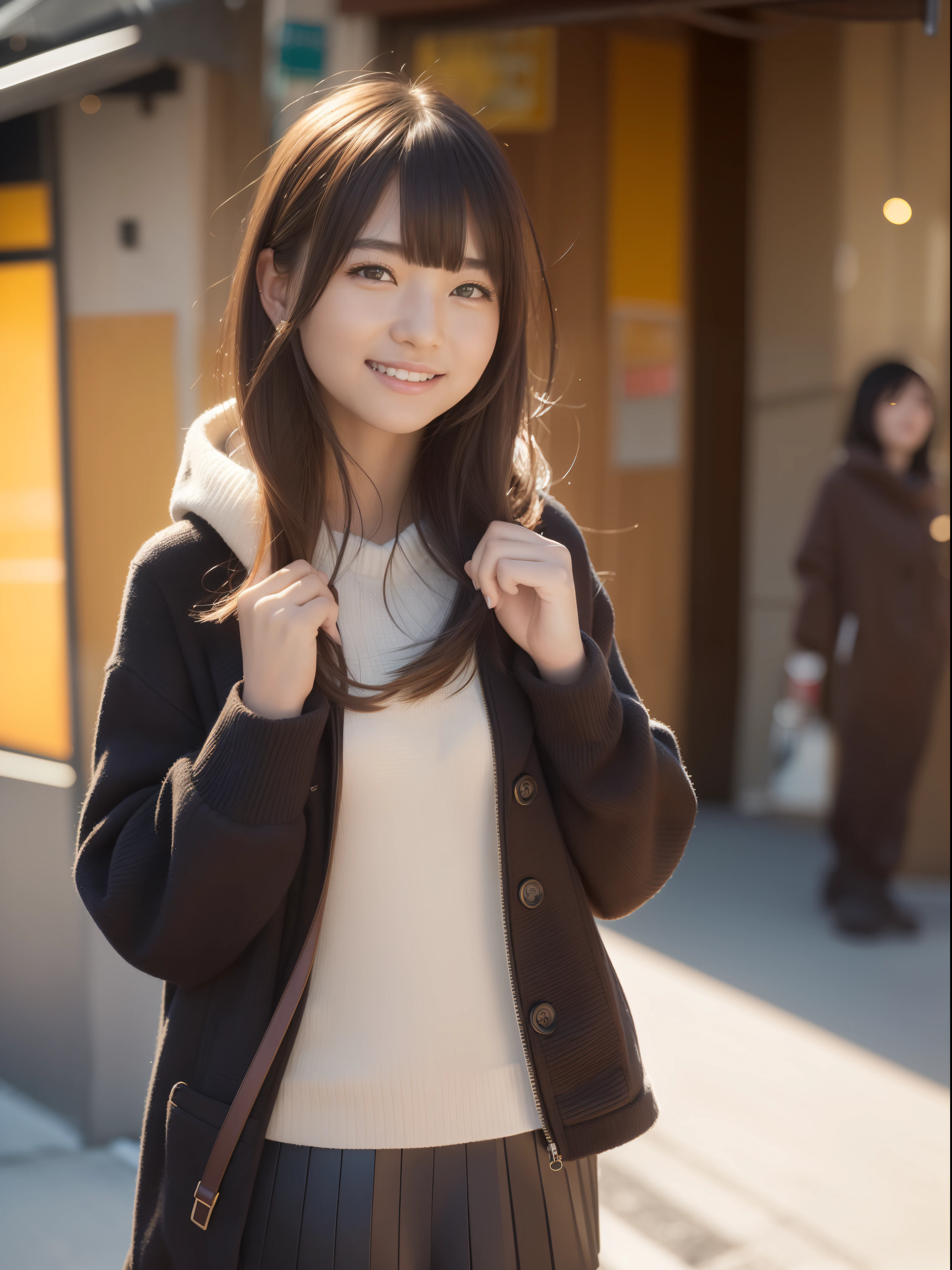top-quality、​masterpiece、1 girl in、Blonde hairer、Black eye、a miniskirt、on tokyo street、A city scape、The upper part of the body、a closeup、A smile、、(8K、Raw photography、top-quality、​masterpiece:1.2)、(realisitic、photoRealstic:1.37)、Highly detailed eyelash drawing、(((Top image quality))),small tit、Fine skin, (Beautiful hair), top-quality、hight resolution、Happy smile、Happy smile、Standing、a miniskirt、Autumn outfit、nightcity、Autumn outfit、Best Quality,masutepiece,hight resolution,Beautiful eyes,Detailed background,[Backlighting],(Face lighting),[Close View:0.8],(8K、Raw photography、top-quality、​masterpiece:1.2)、(realisitic、Photorealsitic:1.37)、ultra-detailliert、profetional lighting、Sony A7R4、Zessie 50mm f1.8、Rembrandt lighting（Rembrandt lighting）、Autumn outfit、Colorful jumper、with spreading legs、pony tail hairstyle、Winter clothes、snowflakes falling、Please wear a hooded coat、Orange sunset、burst into laughter、Office Lady Uniform