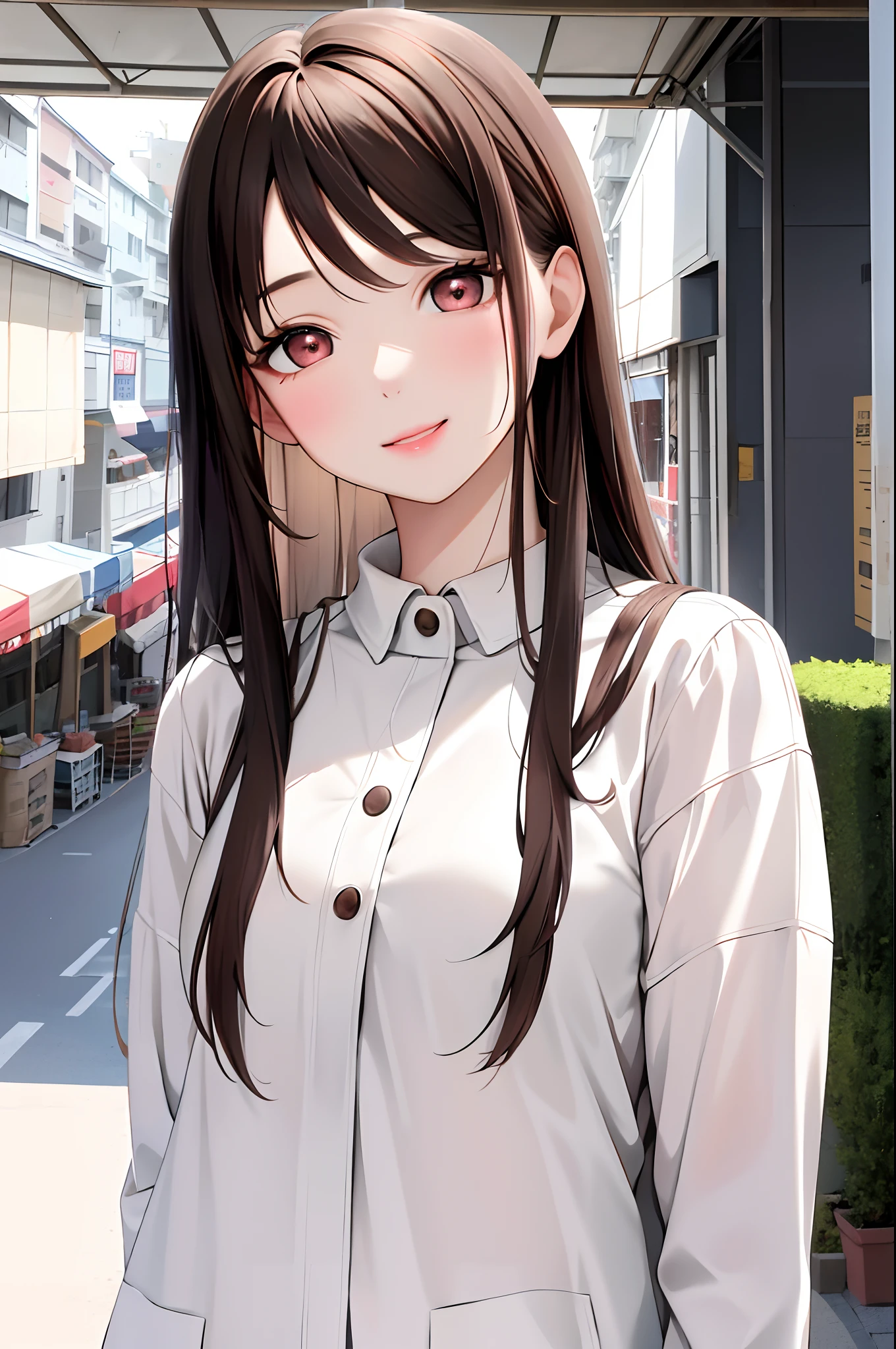 Absurdres, Masterpiece, Best quality, light colors, pastel colors, korean girl with Beautiful face , white skin and brown curled long hair with side bangs, doll eyes, happy face, casual clothes, market background, detailed background