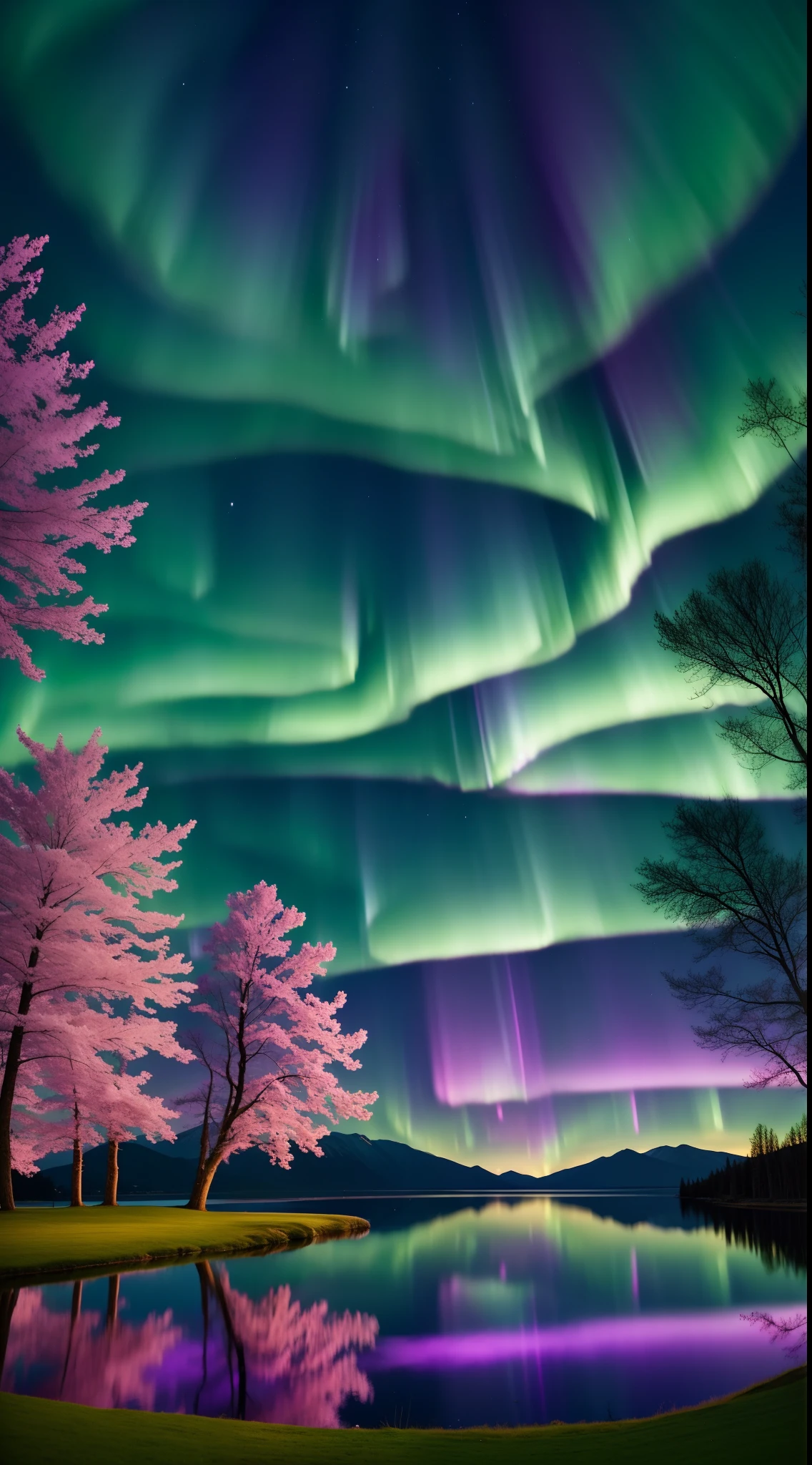 Anime landscape, Aurora borealis over a tranquil lake: imagine the colorful lights dancing in the night sky, in shades of green, pink and purple, reflecting off the calm surface of the lake. Add some dark trees around the lake to contrast with the bright colors of the aurora borealis.