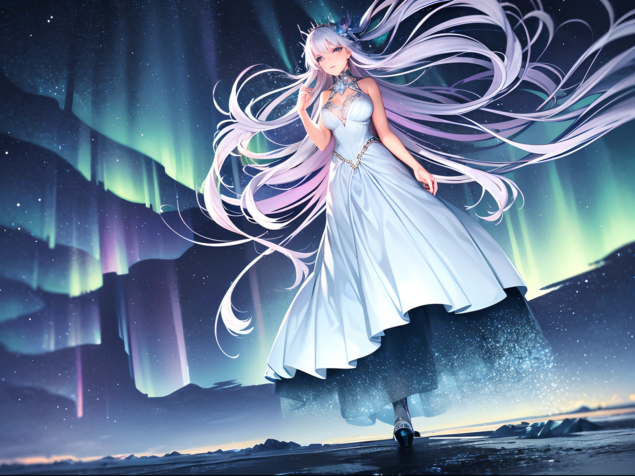 outfit design,(Best Quality), (masutepiece:1.3), (Photorealistic:1.36), (Realistic), Ultra-detailed, (a panoramic view, Wide Shot, Landscape Center, Distant perspective):1.4. Beautiful woman in a dress with intricate delicate design, Walk through the freezing ice field. ice queen, Crown intended to evoke images of ice, Aurora Effect Fabric Dress, Fantastic Northern Lights in the Sky, night sky full of stars. Beautiful face and glowing colorful eyes. A land of ice reflecting the faint light of the Northern Lights. Detailed description and bright colors. Gorgeous images in high quality.