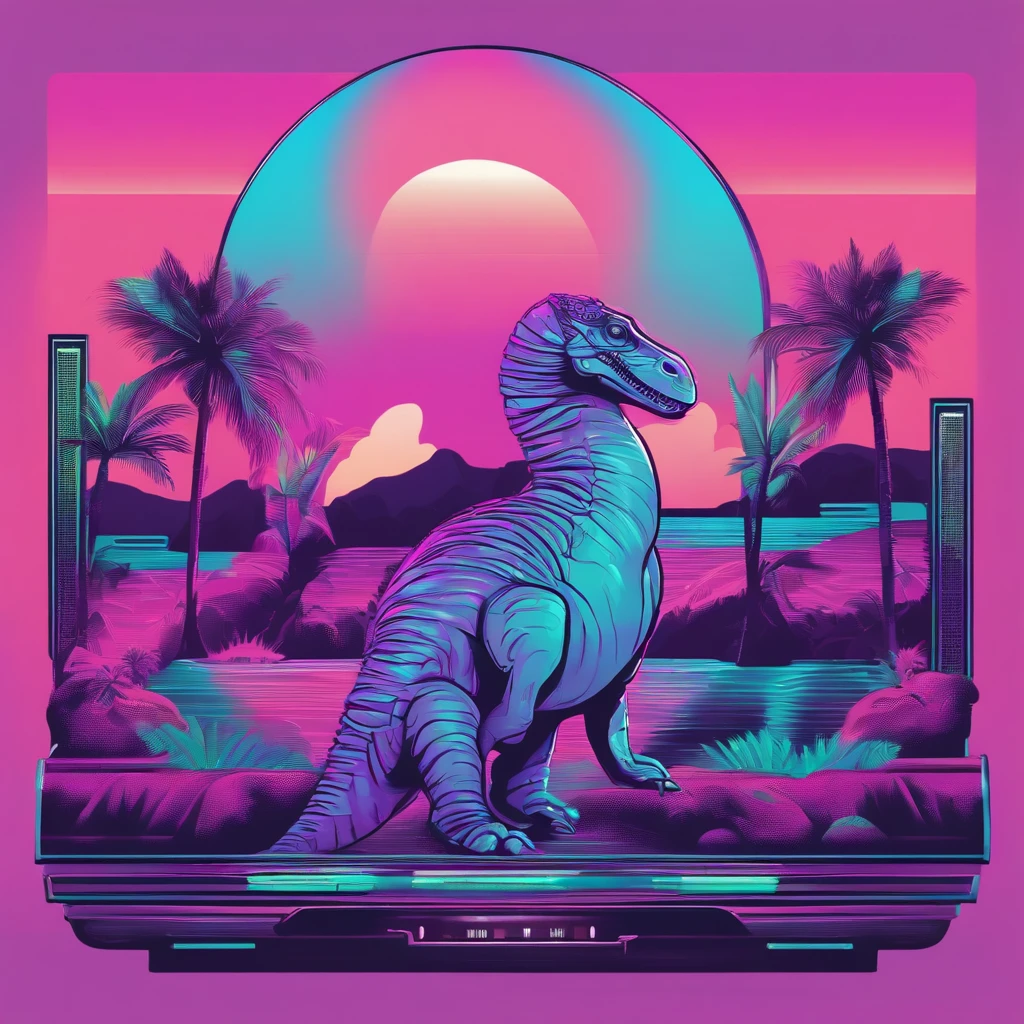 Por favor, crie um escudo no estilo Vaporwave com a imagem de um dinossauro usando fones de ouvido. The shield should incorporate the characteristic stylistic elements of the Vaporwave, como cores neon, Soft gradients and retro elements from the 80s and 90s.with a touch of technological nostalgia, such as VHS symbols or pixels.