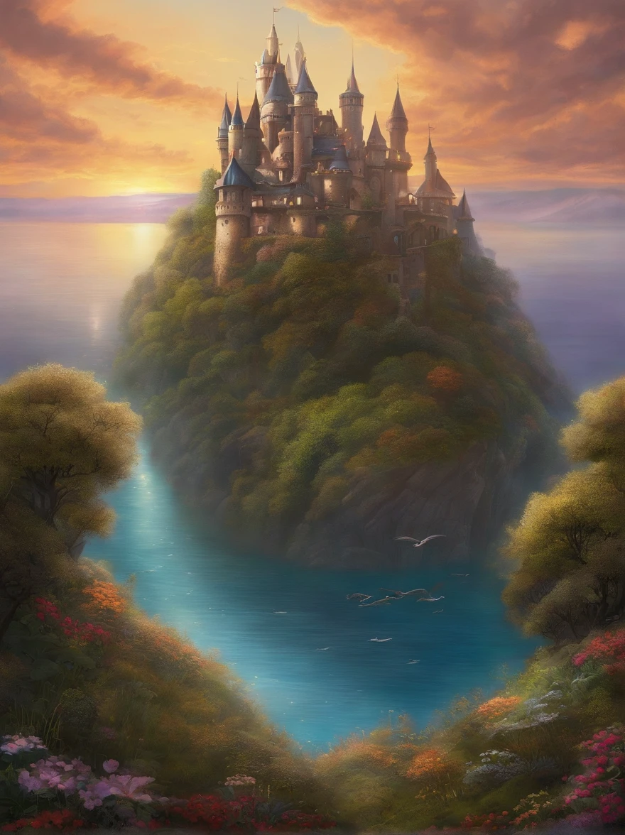 Howl's moving castle, Studio ghibli art, surreal, dreamscape, castle is a majestic, towering structure, its mechanical limbs and turrets adorned with ornate, hovers above a serene, iridescent sea, casting a distorted reflection that melds seamlessly with the water's surface, sky overhead is a swirling mélange of colors, On the ground below, fantastical creatures roam freely. landscape is a seamless blend of organic and mechanical,