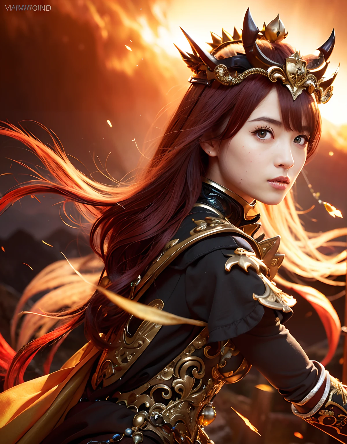 Professional , masterpiece、top-quality、photos realistic , 、top-quality、超A high resolution、(Photorealsitic:1.4)、Raw photo、depth of fields (Gemstone Gold Metal Body:1.9),(Matte White、Toostock、(cleavage of the breast)、(Detailed Dragon Armor)、(Have the strongest weapon)、((Random Hairstyles 1.6),Dark Fantasy,)explosions、intense fighting、(Precipitous cliffs),Dragon Gold Weapon,Mystical expression、Particles of light、Fight dragons、(Detailed Dragon Helmet),Gorgeous Silver Weapons ,(( Dragon's dense and gorgeous sword)) , Beautiful knife ,warhammer 40k ,Detail and gorgeous crown、((Red hair))、(Castle background)、、((Gangle's forest background))、Beautiful Caucasian beauty、1a person、dynamic ungle,(((Detailed and ornate Black Devil Crown)))、Smaller head、A smile、Castle background、Thin and beautiful female hands、cleavage of the breast、Soldier in iron armor on background、Mystical expression、Light Effects、intense fighting、Wind-effect、magic circles、With the legendary magic wand、(demonic wings)、