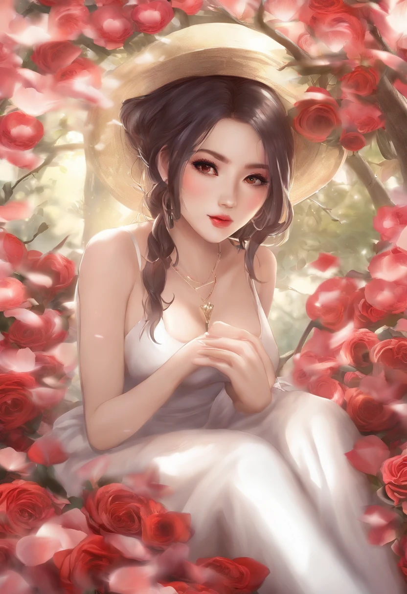 (masterpiece, best quality:1.4), (beautiful, aesthetic, perfect, delicate, intricate:1.2), beautiful woman, long hair, brown hair, brown eyes, pink Sheer dress, arm ribbon, ((full body portrait)), sleeping on fleece blanket, (covering half chest, slim waist, medium breasts, perfect face, eyeliner, viewed from above, mouth open, pleasured_expression:1.4, glistening body, hot, steamy, elaborate head piece, ((both eyes closed)), bright red lips, G-String Thong Underpants, 8k,