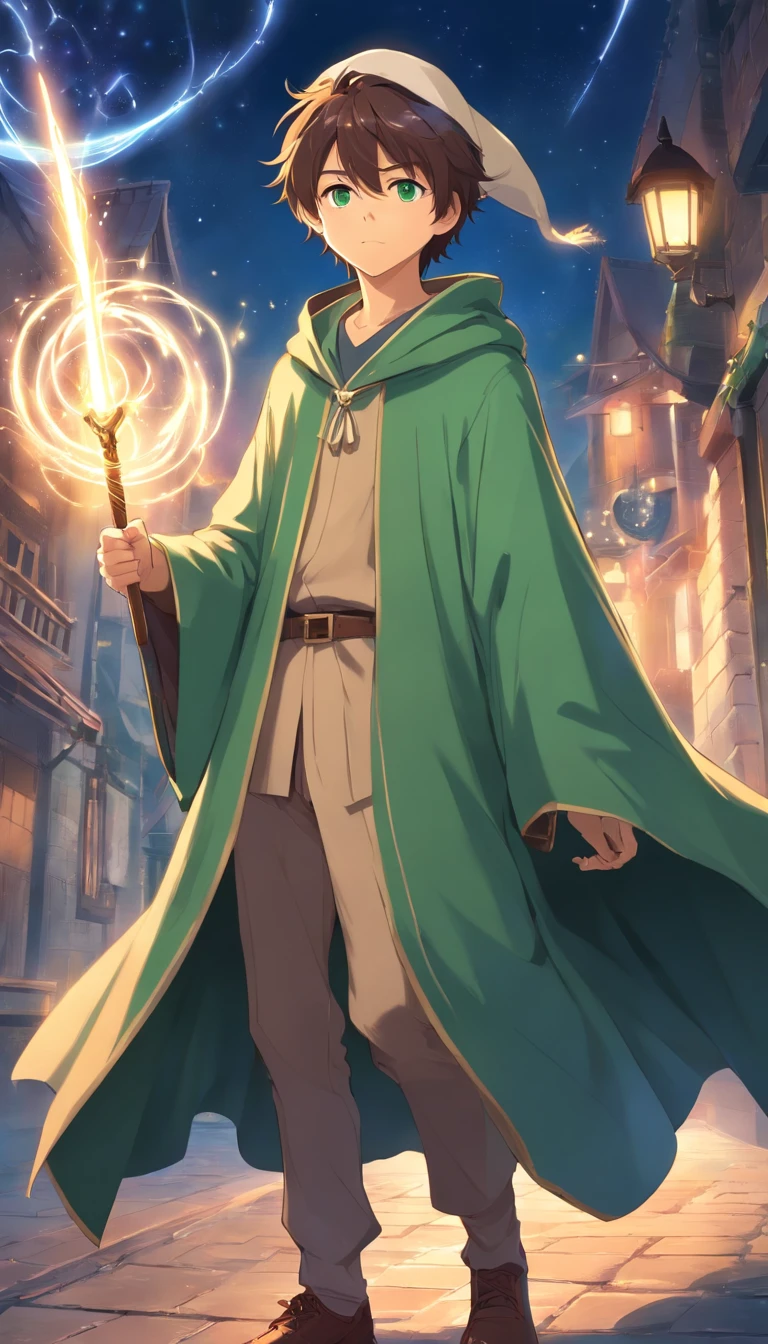 young wizard, wearing an open cloak that he uses as a cape, and wearing loose clothing, with a wizard's hat, green eyes, with a staff in his hand