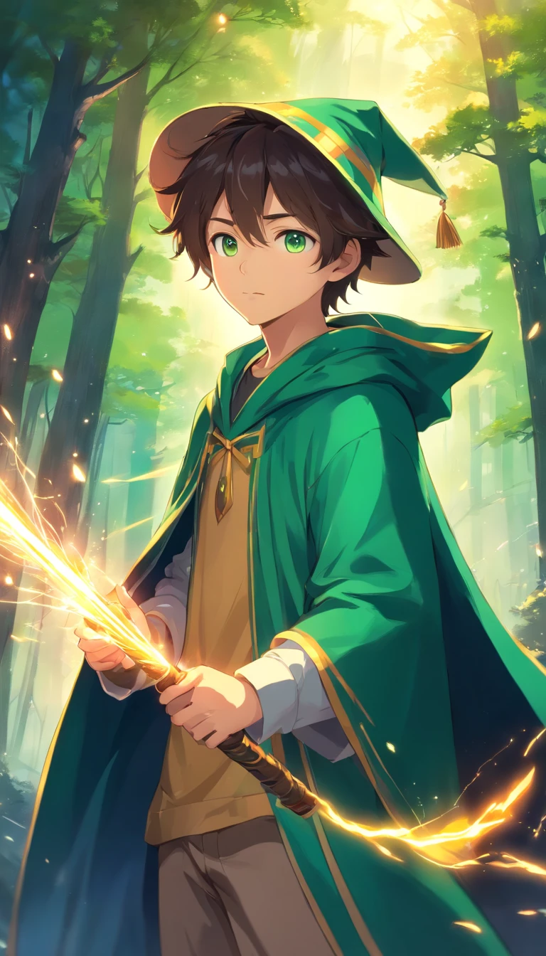 young wizard, wearing an open cloak that he uses as a cape, and wearing loose clothing, with a wizard's hat, green eyes, with a staff in his hand