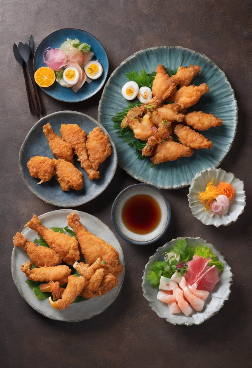 Izakaya style crispy fried chicken、Brightly colored assorted sashimi、Grilled fish。Each one looks delicious.、A slight steam can be seen in the background。