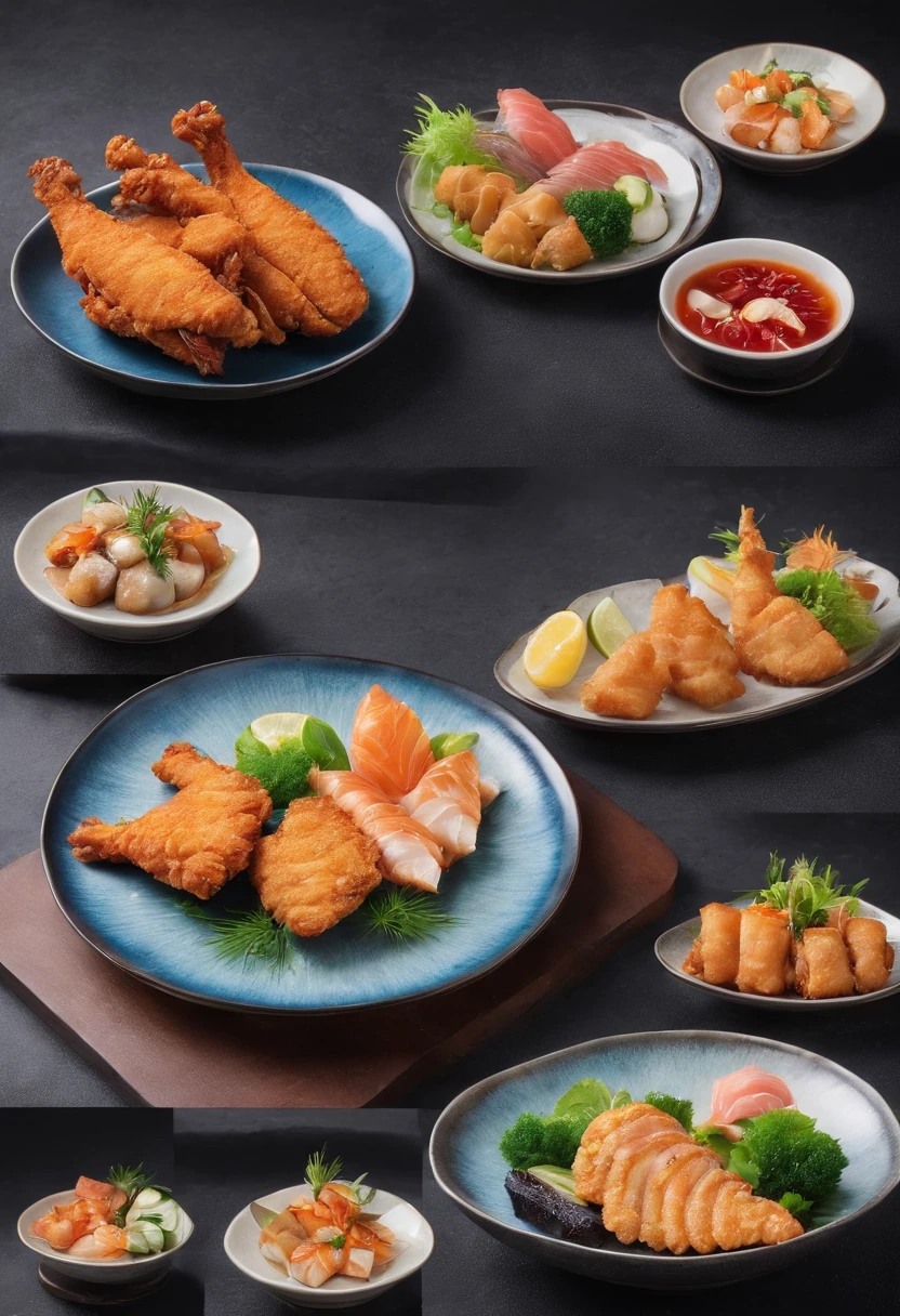 Izakaya style crispy fried chicken、Brightly colored assorted sashimi、Grilled fish。Each one looks delicious.、A slight steam can be seen in the background。