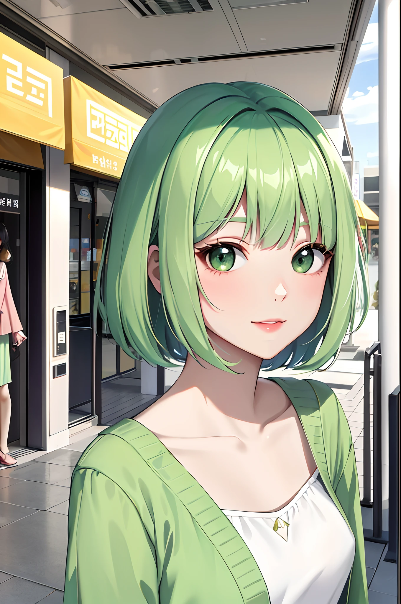 Absurdres, Masterpiece, Best quality, light colors, pastel colors, korean girl with Beautiful face , green hime cut hair with side bangs, doll eyes, happy face, casual clothes, city mall background, detailed background
