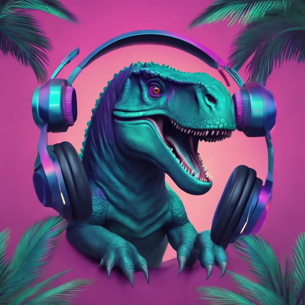 Create a Vaporwave-style shield with an image of a dinosaur wearing headphones. The shield should incorporate the characteristic Vaporwave elements, such as neon colors, smooth gradients, and retro elements from the 80s and 90s. Ensure that the dinosaur and headphones are integrated into the design cohesively, with a touch of technological nostalgia, such as VHS symbols or pixels