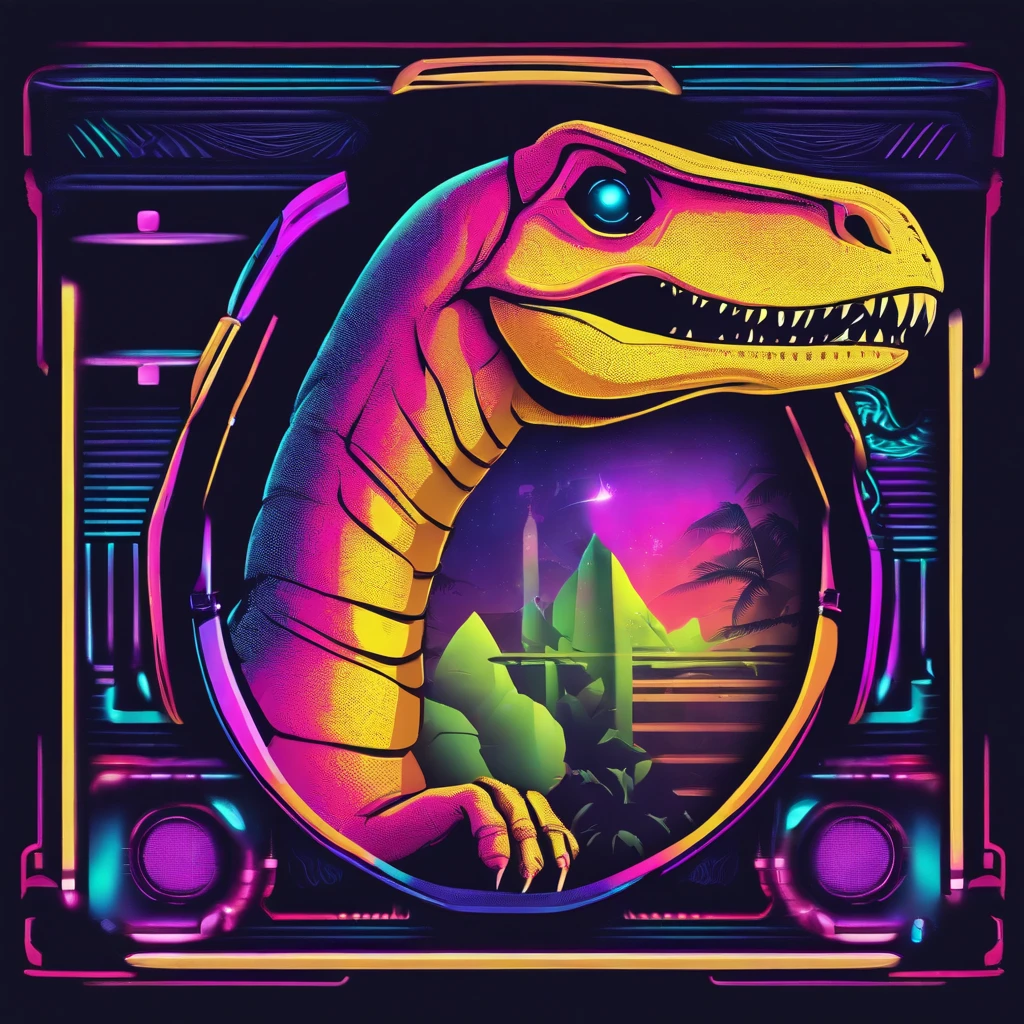 Create a Vaporwave-style shield with an image of a dinosaur wearing headphones. The shield should incorporate the characteristic Vaporwave elements, such as neon colors, smooth gradients, and retro elements from the 80s and 90s. Ensure that the dinosaur and headphones are integrated into the design cohesively, with a touch of technological nostalgia, such as VHS symbols or pixels