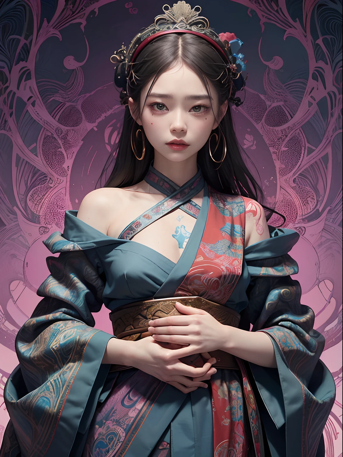 Official Art、unity 8k wall paper、ultra-detailliert、Beautifully Aesthetic、​masterpiece、top-quality、(Zentangle、a Mandala、Tangles、Tangles)、(Fractal Art:1.3)、One Girl、ighly detailed、Dynamic angles、Cowboy Shots、The most beautiful forms chaos、elegent、Brutalist design、Vibrant colors、romantism、James Jean、roby dwi antono、by Ross Tran、Francis Bacon、Michal Muratz、Adrian Guyney、petra cortright、Gerhard Richter、Takato Yamamoto、Ashley Wood、atmosphere、??????? musical notes、Streaming music notes are visible、Upper body only、red kimono、ornate、a smile、soothing、baby-face