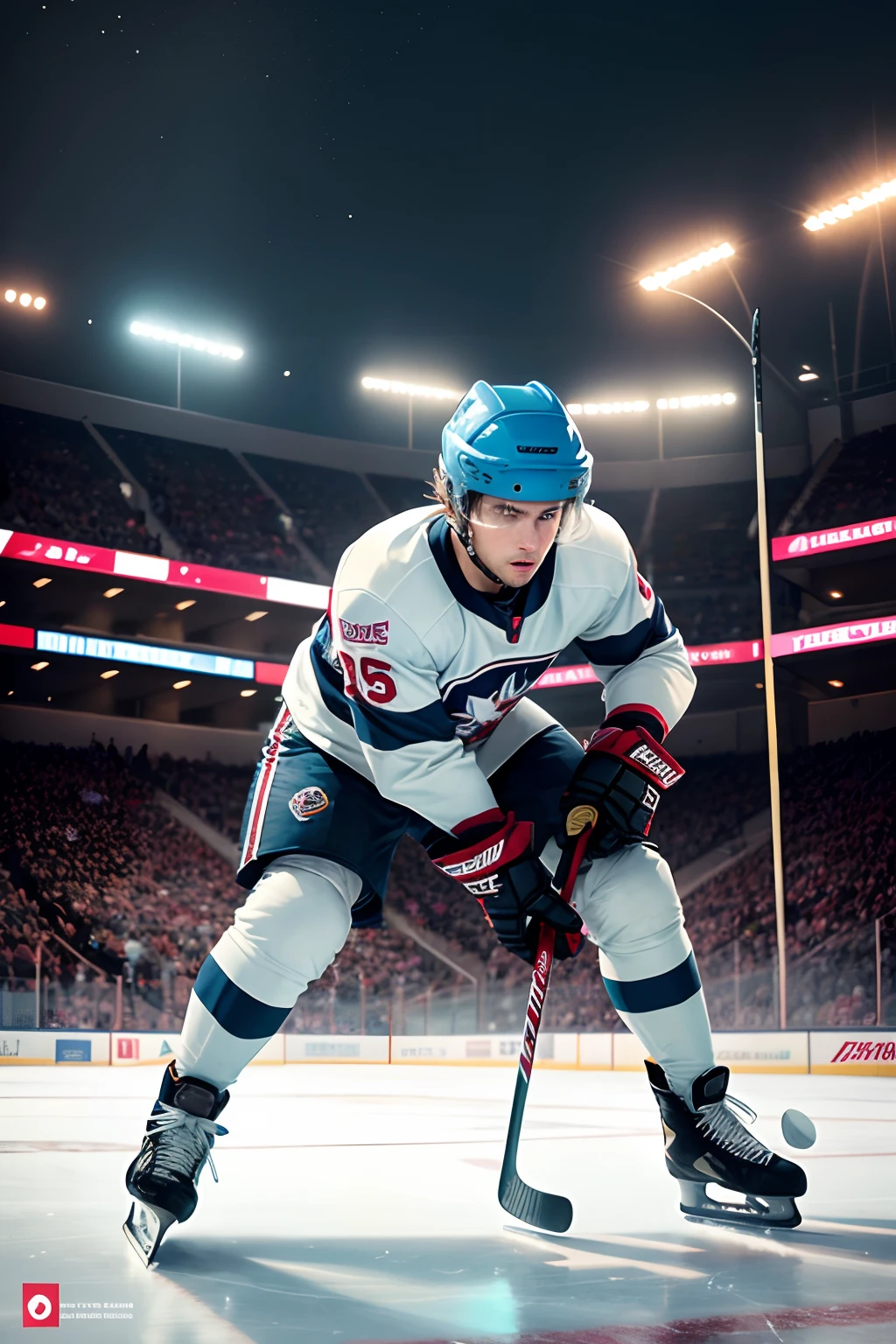 The illustration depicts a hockey player, standing on the ice preparing for an important match. He is dressed in his hockey gear: Helmet with visor, Protective Shield, gloves and, of course,, hockey skates. His uniform represents the team's colors, which creates a sense of unity and belonging to a team.
The hockey player is focused and ready to play. You can see determination and confidence in his eyes. He has a hockey stick in his hands, ready to make the decisive throw. The ice underneath is covered with lines and imprints of skates, which creates a feeling of tension before the start of the match.
The background can be flooded with the bright lights of the sports arena, Where fans watch the game, raising their team's flags and banners. Lights in the stands create a sense of excitement and emotions, that accompany important moments in sports.
This illustration will convey the moment, When a hockey player is ready to join the battle on the ice, And he has a huge responsibility for the result of the match. His determination and confidence should be visible on his face and in his posture, And the surrounding atmosphere should emphasize the importance of the event.