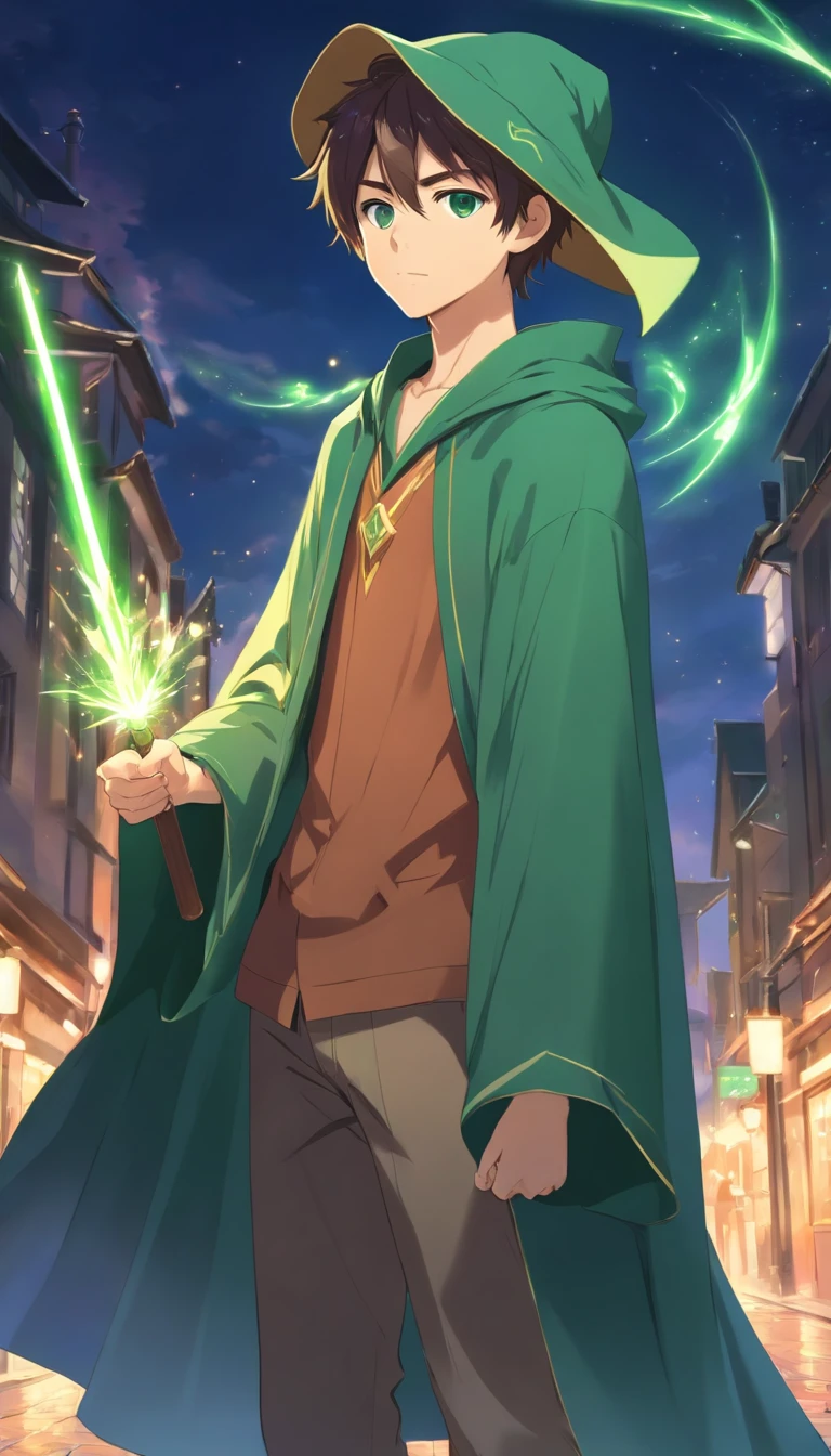 young wizard of 19 years old, unshaven, wearing an open cloak that he uses as a cape, and wearing loose clothing, with a wizard's hat, green eyes, with a staff in his hand