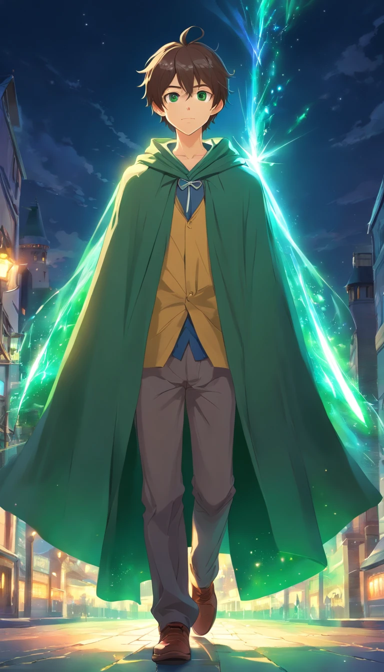 young wizard of 19 years old, unshaven, wearing an open cloak that he uses as a cape, and wearing loose clothing, with a wizard's hat, green eyes, with a staff in his hand