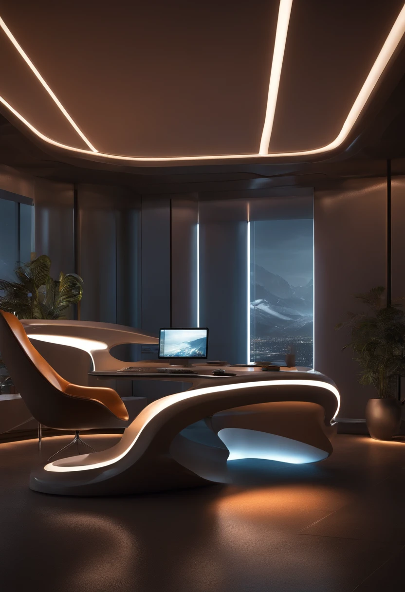 there is a computer desk with a monitor and a chair in front of it, futuristic interior, futuristic room, retro futuristic apartment, futuristic room background, futuristic looking living room, futuristic architectural art, desktopography, sci - fi interior, detailed futuristic architecture, gorgeous 3d render, origami studio 3 design, rendered in lumion pro, stunning 3 d render