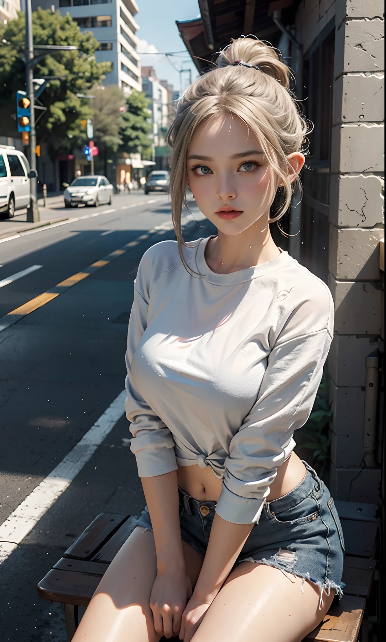 （raining day：1 silver-haired girl, Girl）， tmasterpiece， best qualtiy， RAW photogr， realisticlying， the face， Incredibly Ridiculous res， Beautiful elf beauty, ear studs，Get wet all over， (Champagne-colored ultra-short hair,Half-tied ponytail), Sweatshirt,tiese,Half-leg jeans，Short black socks,Short black socks,Low-top canvas shoes,depth of fields， A high resolution， ultra - detailed， filigree， RAWE is very detailed， very detailed eyes and faces， Sharp pupils， realistic pupil， tack sharp focus， cinmatic lighting，full bodyesbian，Bigboobs，long leges，From the front side，Main street on a rainy day，dynamicposes，（Extremely normal body:2.0）