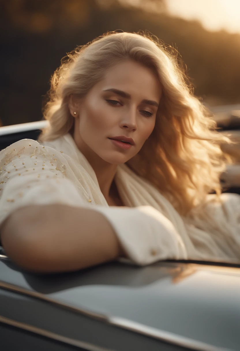 ((Masterpiece)), ((Best Quality)), 8K, HD, Super Detail, (Woman), (White dress studded with yellow gold rims), (Golden hair shawl scattered), (Expression closed eyes) (Sleeping in a car 1.6) (Full Body Display 1.4) The artwork is a masterpiece, with the best quality and super detail, captured in 8K HD. Photographic realistic, realistic, very detailed illustrations realistic, octane rendering