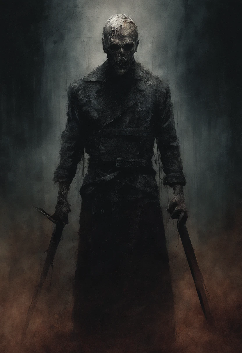 There is a man with a knife and a cross on his head, digital art 4k unsettling, Eric Lacombe, Концепт-арт Silent Hill, by Adam Marczyński, inspired by Bill Sienkiewicz, by Ludwik Konarzewski Jr, Tadeusz Pruszkowski, by Ludwik Konarzewski