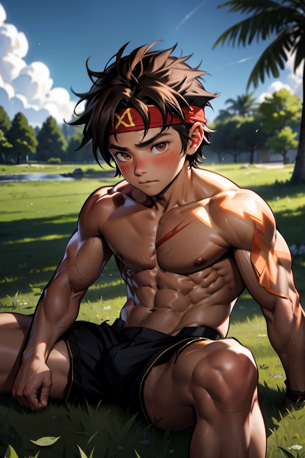 (Masterpiece, Best quality boy,Shota), 1boys, (((Young,Shota))),Muscular, Short hair, with brown eye, Intricate, Grass, full bodyesbian, Shirtless, Muscles sparkle in the sun,Naked boy,((toddlers)),ack underwear, Red headband, Vivid colors,(Depth of field:1.2),(Abs),Blush, view the viewer, lying on the grass ground,Being sexually assaulted