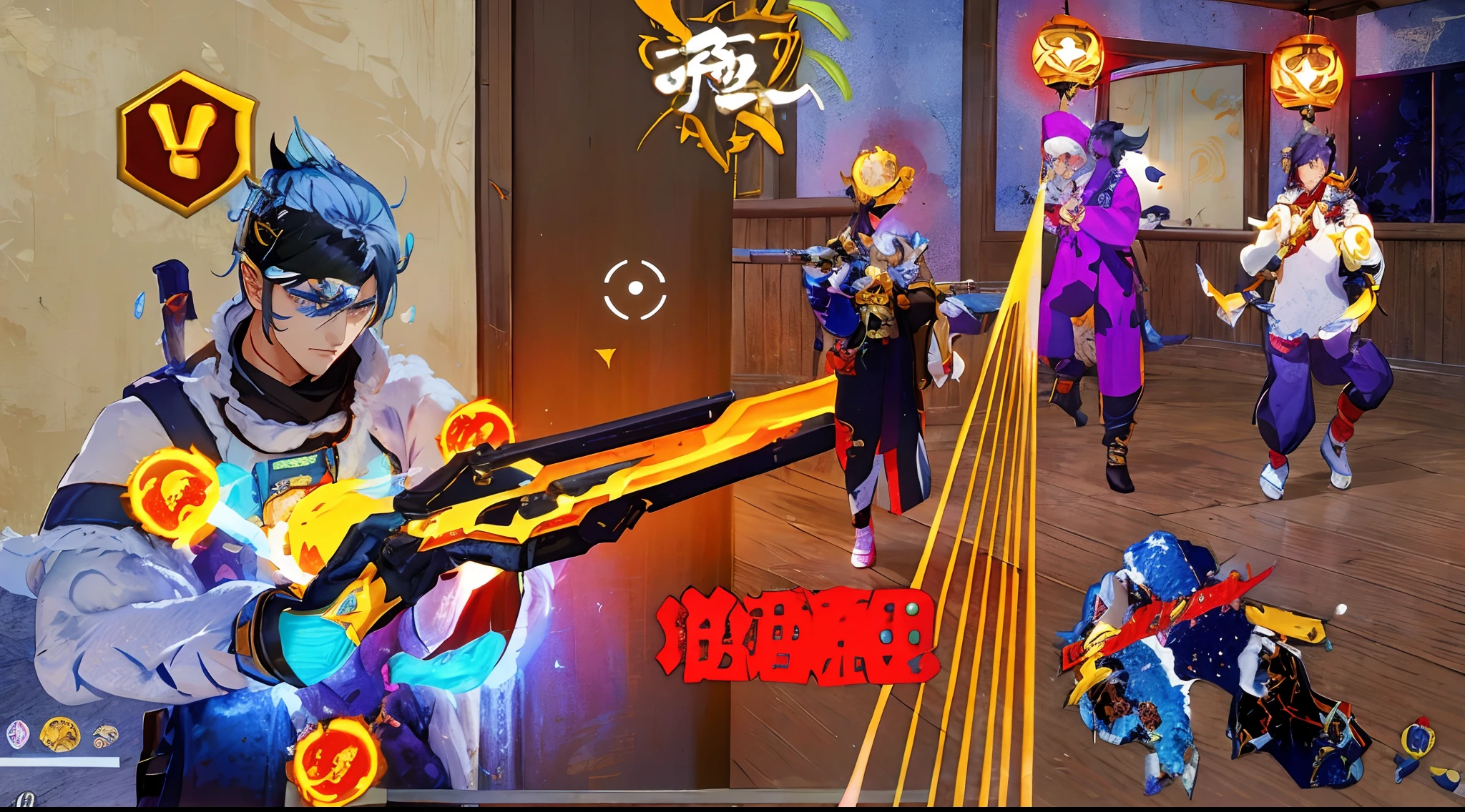 a close up of a person holding a gun in a room, in the style of sifu 🔥 😎 🕹️ 👀 :2, style of ghost blade, dual wielding two magical swords, action game, genshin impact style, of virtua figther, gameplay, in-game, in - game, trigger anime artstyle, keqing from genshin impact