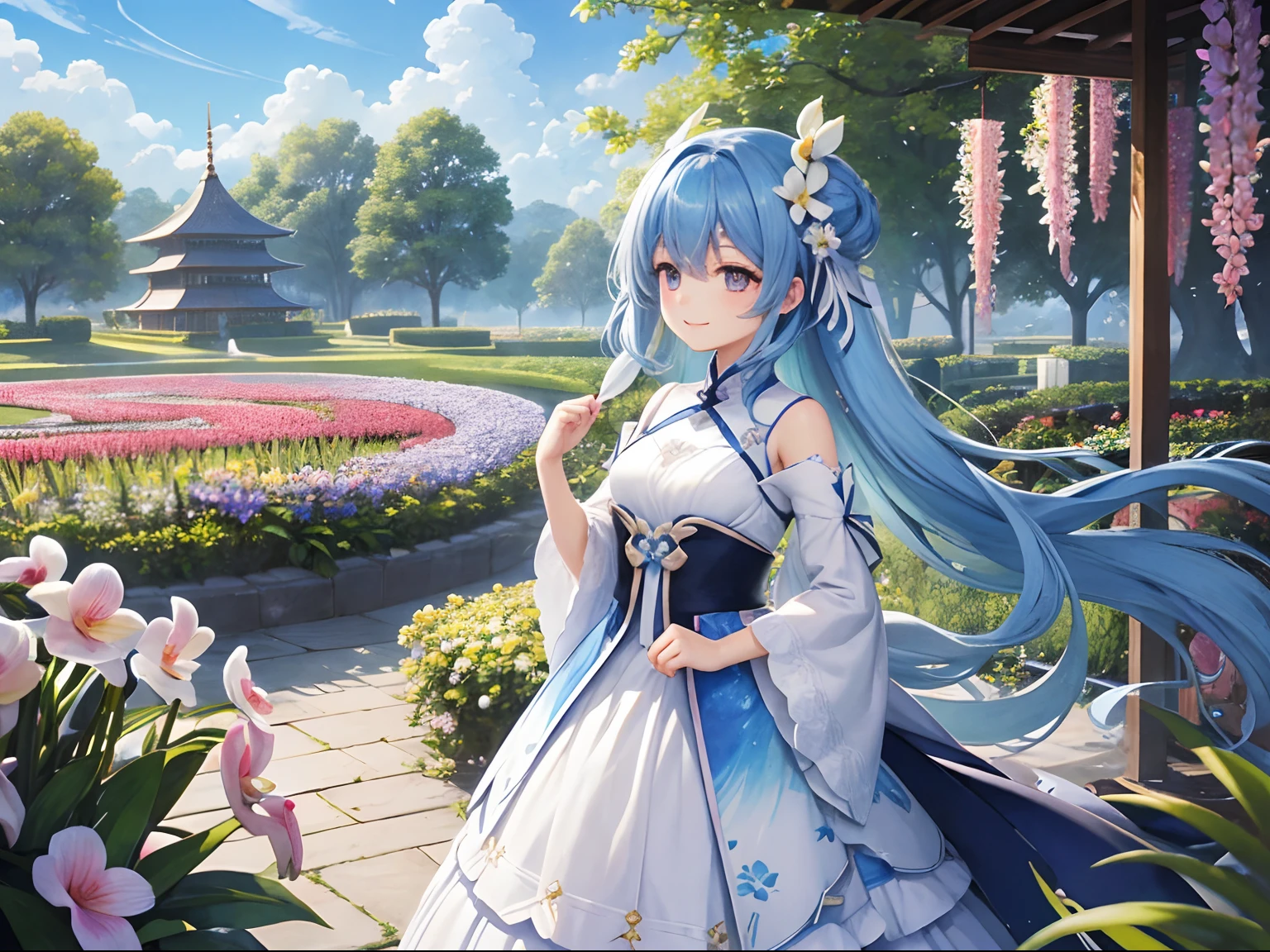 (hight resolution、ultra-detailliert、nffsw、movie)、独奏、1girl in、Happiness、Girl Standing In Orchid Flower Garden、Girl around the petals、A charming smile、full body Esbian、Long-haired girl with blue hair、lightblue hair、facing front、Fantasia、Official art、pop-art、profile、hyperdetailed face、ultradetailed eyes、Orchid Flower Garden、Ultra Detailed Fields、White blue sky、 shuicolor、blanche、Nebulae in the sky、watercolor paiting、PastelColors