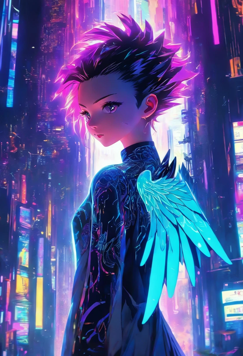 ((midjourney's distinctive mesmerizing anime style)),1girl, standing still,calm,little ethereal girl, Light reflective gown made as that can reflect Surrounding neon lights,((2 Angelic wings attached on back)),((saint's halo hovers above)), standing in a city at night,detailed lighting, side-angle portrait,cyberpunk lightings,modern anime trends of 2019, infusing eboy ,Tron and Lucifer vibes,AMOLED display colors,highly stylish, atmospheric scene ,reminiscen digital cyberpunk art,Leonardo Style,dripping paint,mesmerizing angelic presence ,captivating wallpaper-like composition.,weapon,High detailed ,Color magic