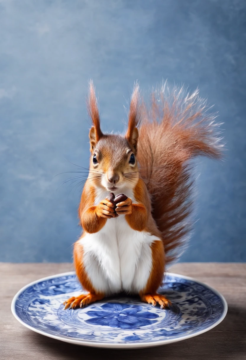 A squirrel cinnamon，Use a blue and white porcelain plate