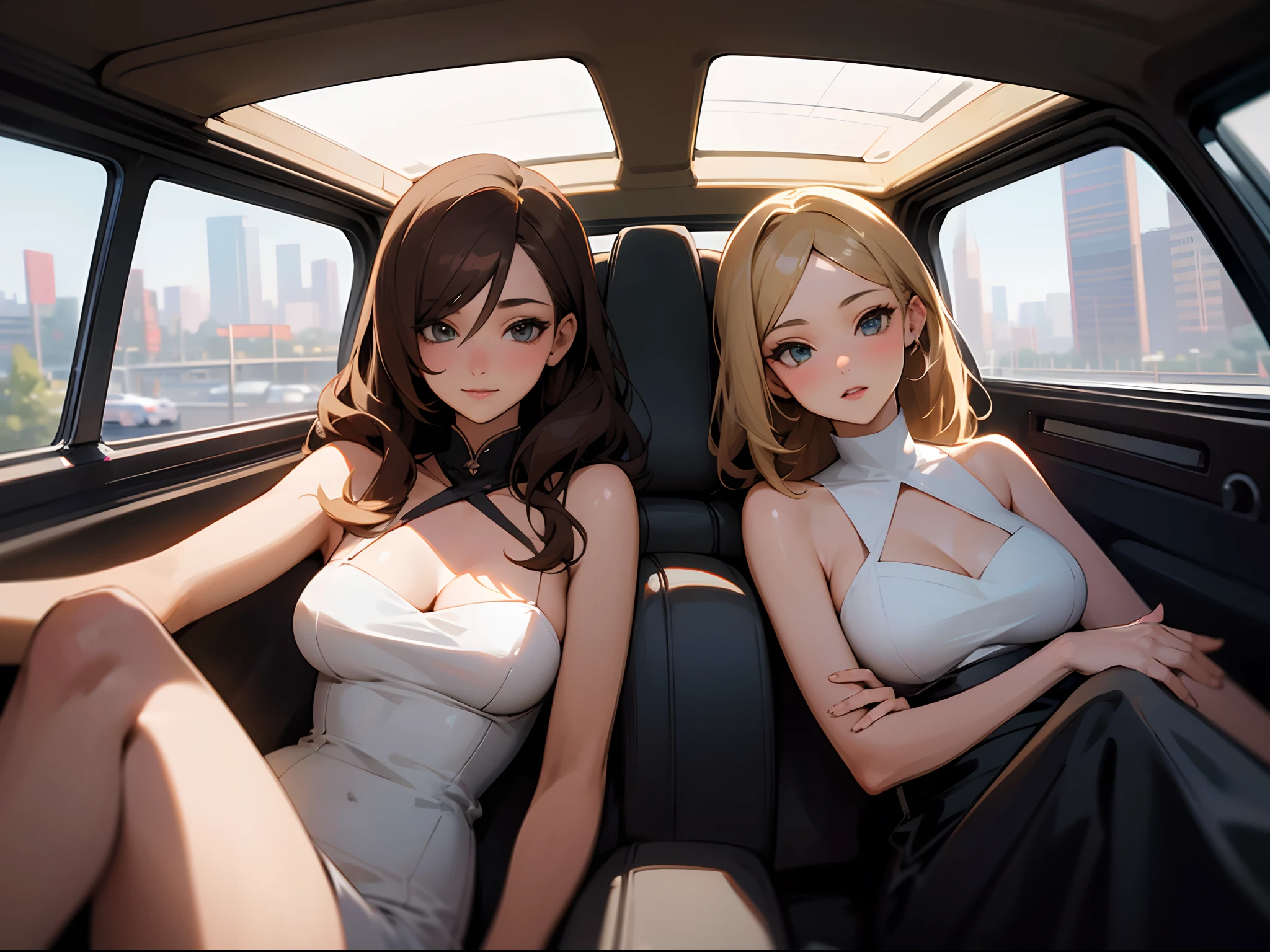 Two sexy bachelorettes, 1 girl with brown hair, 1 girl with blonde hair, inside limousine, looking at viewer, symmetrical, highres, (MLS), (MS)