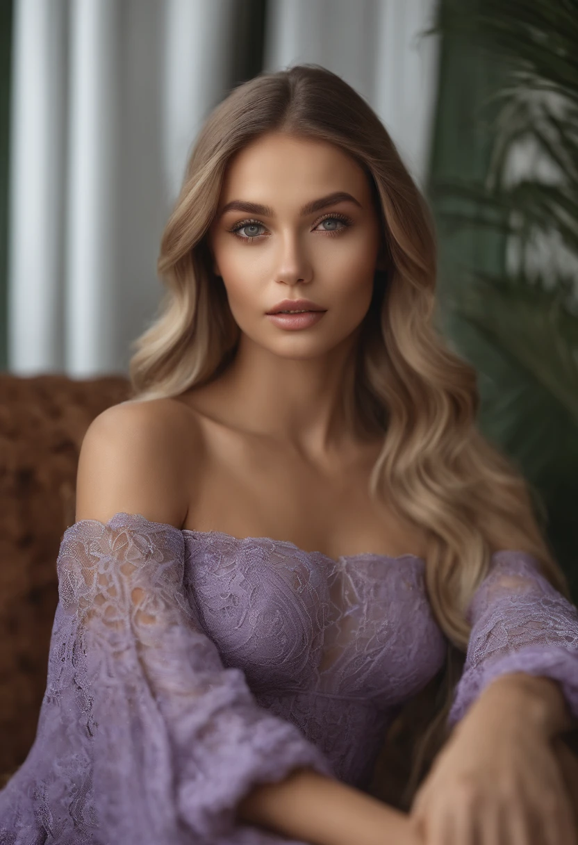 Arafed woman completely , fille sexy aux yeux bleus, ultra realist, Meticulously detailed, Portrait Sophie Mudd, cheveux blonds et grands yeux, selfie of a young woman, Yeux de chambre, Violet Myers, sans maquillage, maquillage naturel, looking straight at camera, Visage avec Artgram, Maquillage subtil, Great photo of the whole body kneeling on the bed, dans la chambre, Medium to large bust