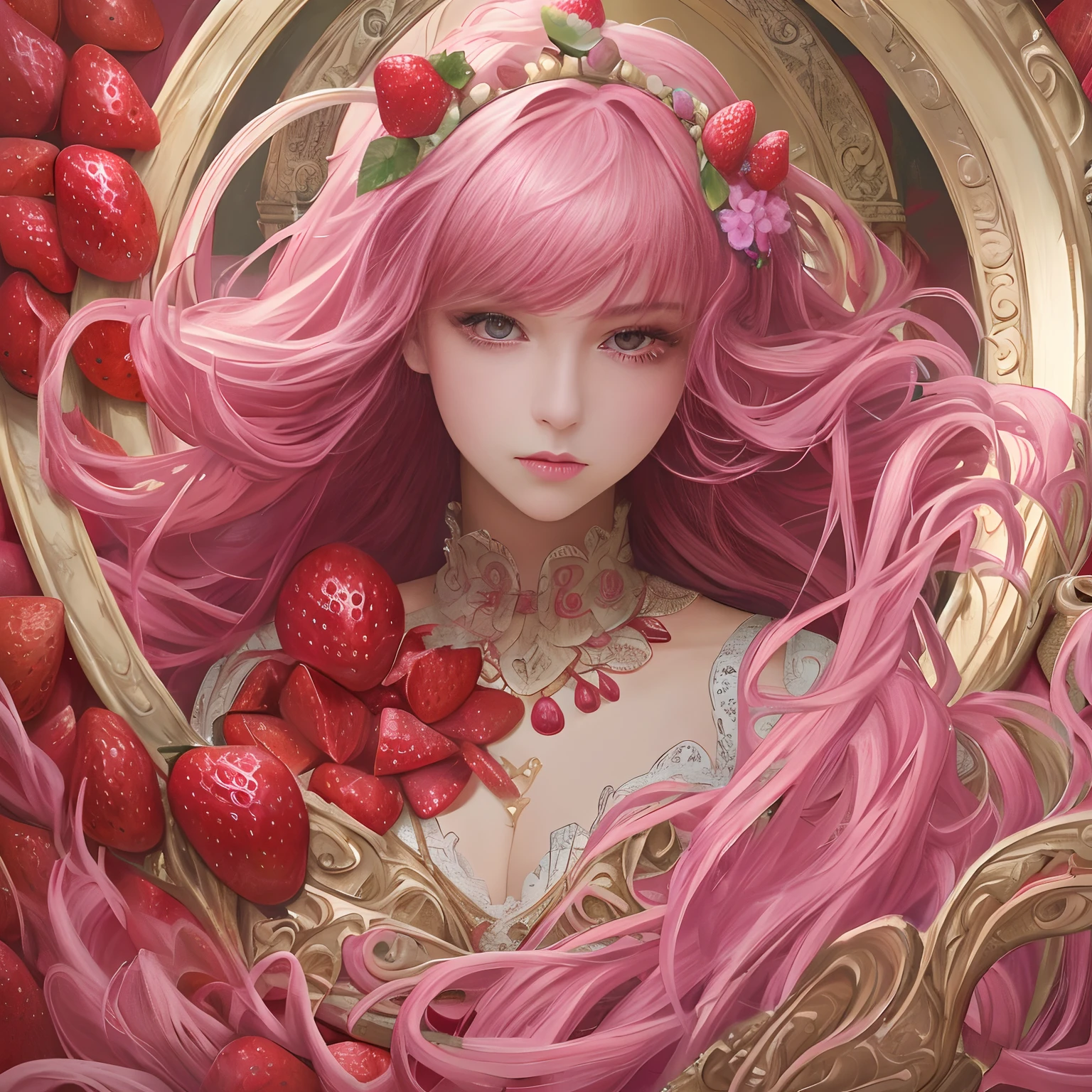 ( Absurd , High quality , ultra detailed, masterpiece, concept art, smooth, highly detailed artwork, hyper realistic painting ) Dreamy , Romantic , Vivid, girl , pink , strawberry, strawberry shortcake character, cute , whole body , colorful