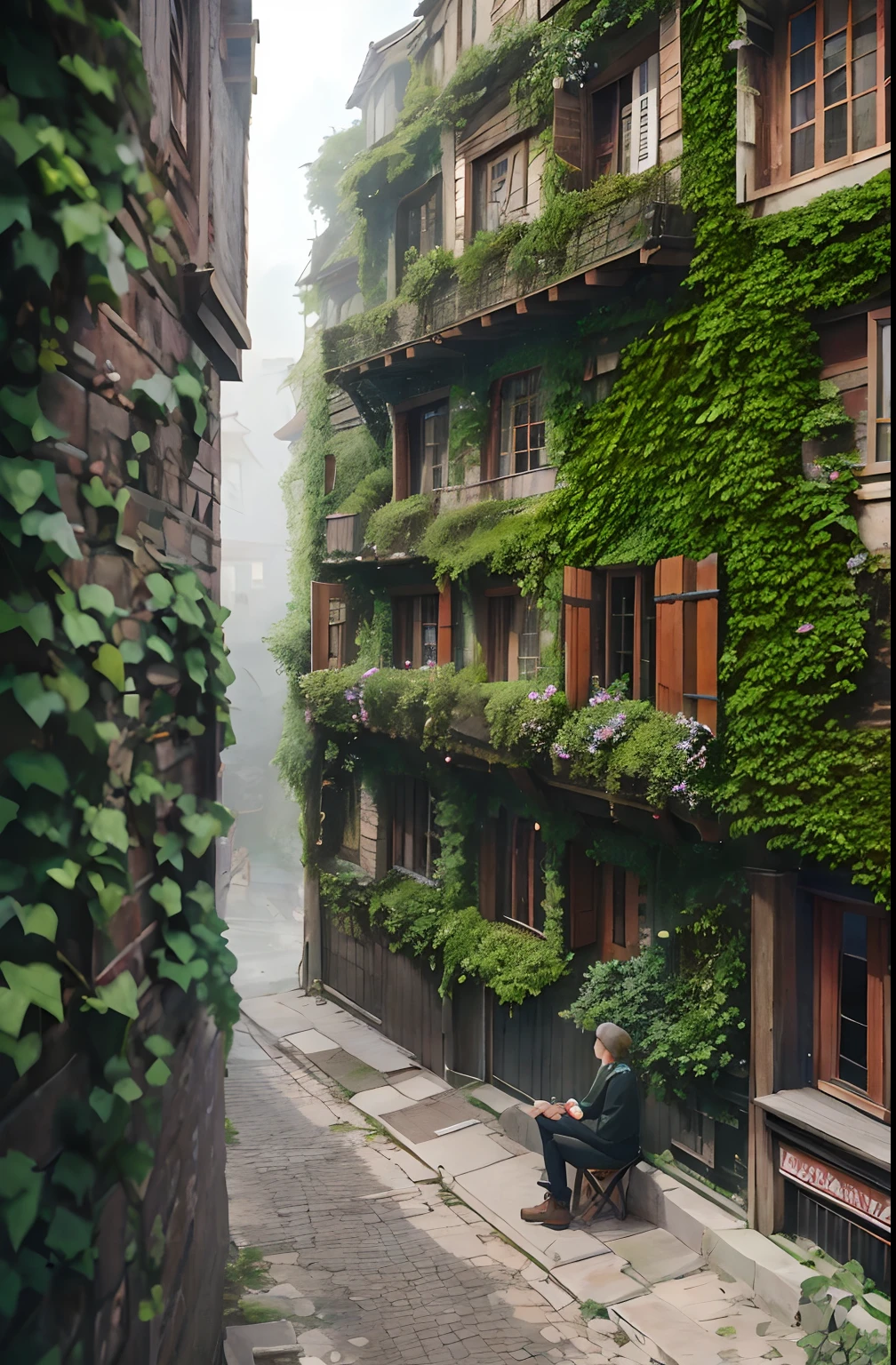 very cozy hillside city, hyper realism, (anime Makoto Shinkai:0.4), old wooden shabby house in city street, wall covered with ivy and small flowers.