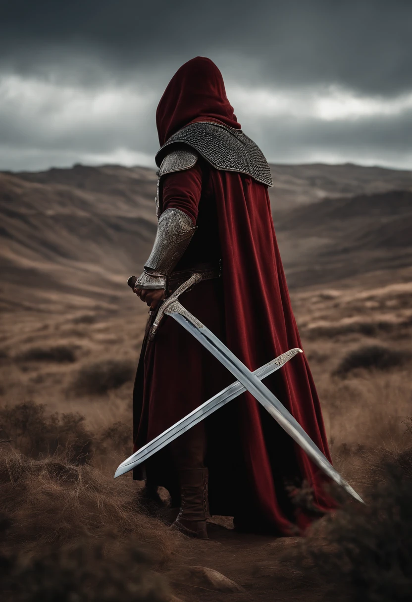 Realistic, 4k, Anjos com asas grandes, roupas pretas, uma espada, Head hood on war background image (caos)