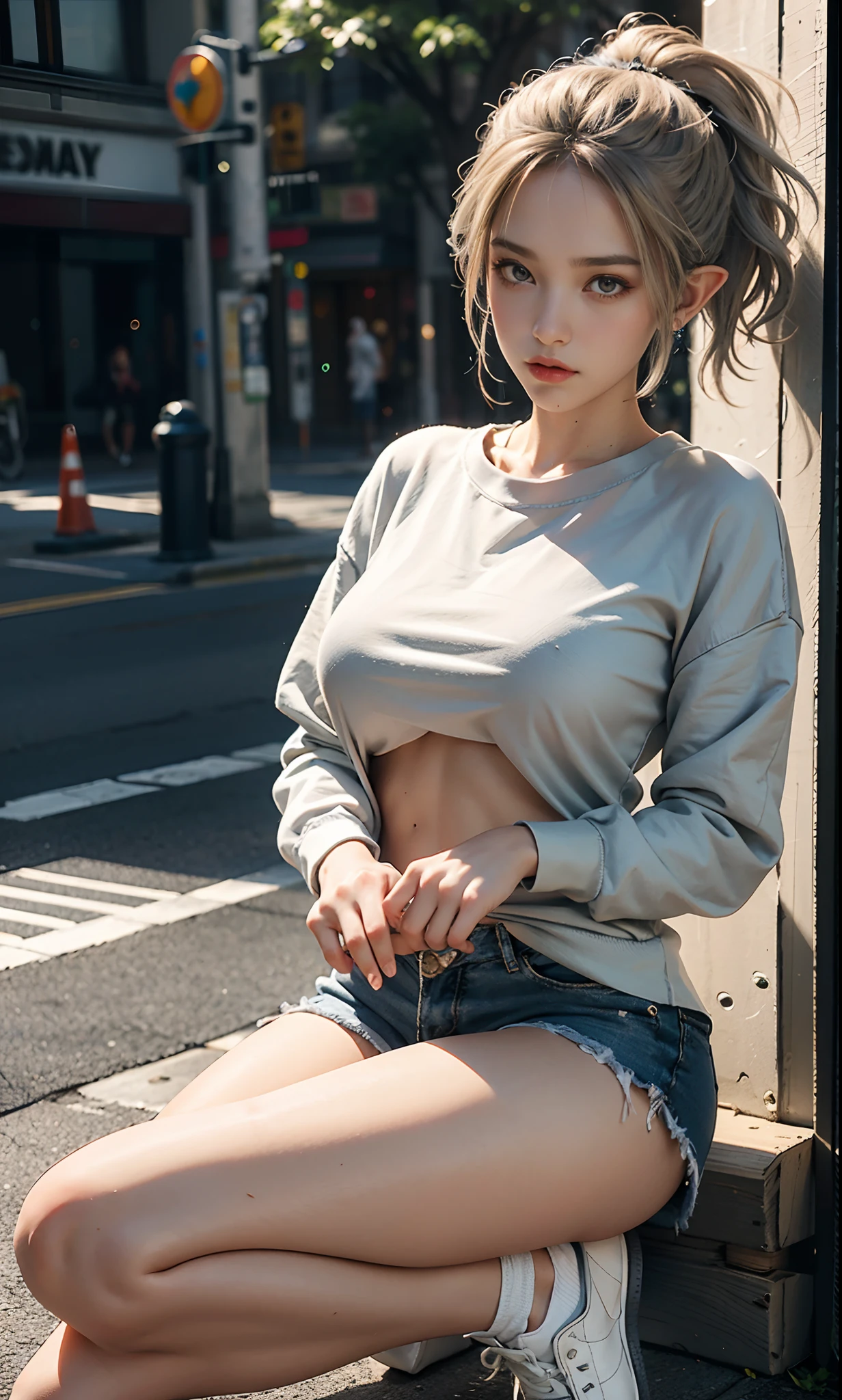 (raining day:1 silver-haired girl, Girl), tmasterpiece, best qualtiy, RAW photogr, realisticlying, the face, Incredibly Ridiculous res, Beautiful elf beauty, ear studs,Get wet all over, (Champagne-colored ultra-short hair,Half-tied ponytail), Sweatshirt,tiese,Half-leg jeans,Short black socks,Short black socks,Low-top canvas shoes,depth of fields, A high resolution, ultra - detailed, filigree, RAWE is very detailed, very detailed eyes and faces, Sharp pupils, realistic pupil, tack sharp focus, cinmatic lighting,full bodyesbian,Bigboobs,long leges,From the front side,Main street on a rainy day,dynamicposes,(Extremely normal body:2.0)