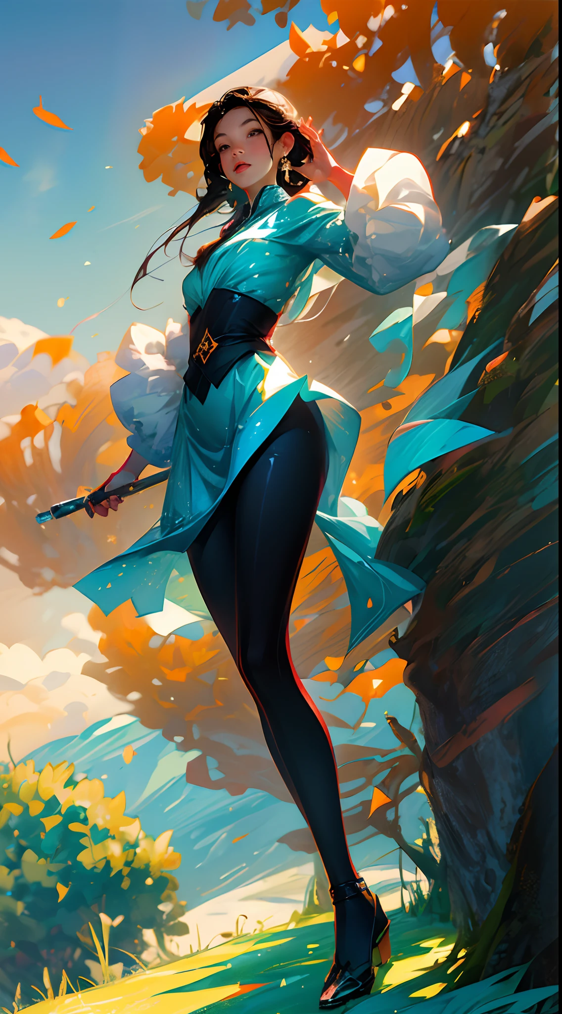 (best quality, masterpiece), 1girl, active pose, particles, wind, autumn leafs, full body, sky background, looking at the viewer, focus on the face, black endless hair, superior beauty, beautiful woman, celestial beauty, sunny weather, colorful leafs, spectacular scenery.