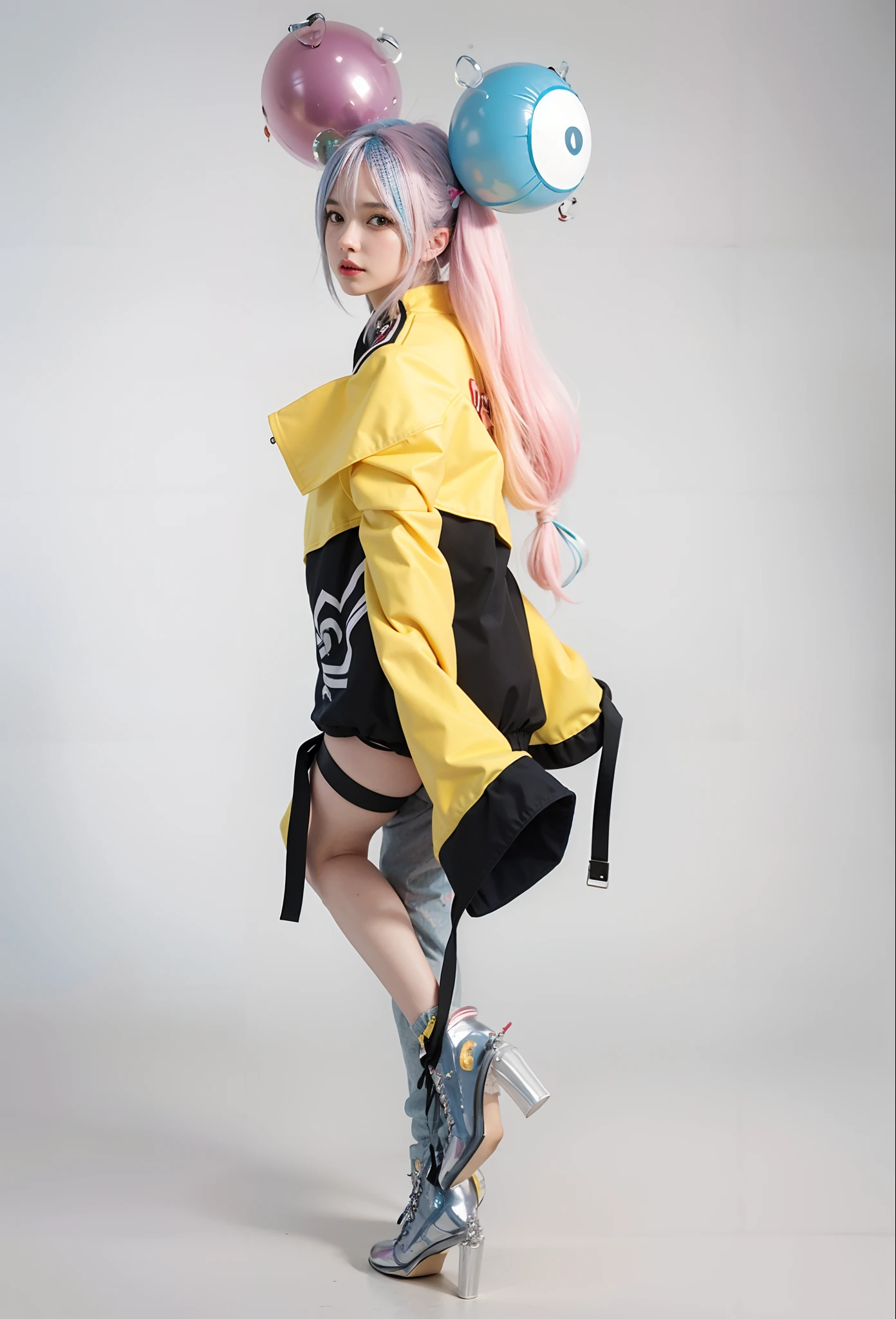 There is a costumed woman holding a balloon, vi from arcane, Anime girl cosplay, Anime Cosplay, League of Legends VI, as an overwatch character, wearing cyberpunk 2 0 7 7 jacket, Hatsune Miku Cosplay, Belle Delphine, Kasumi Arimura Style 3/4, sha xi, sakimichan frank franzzeta