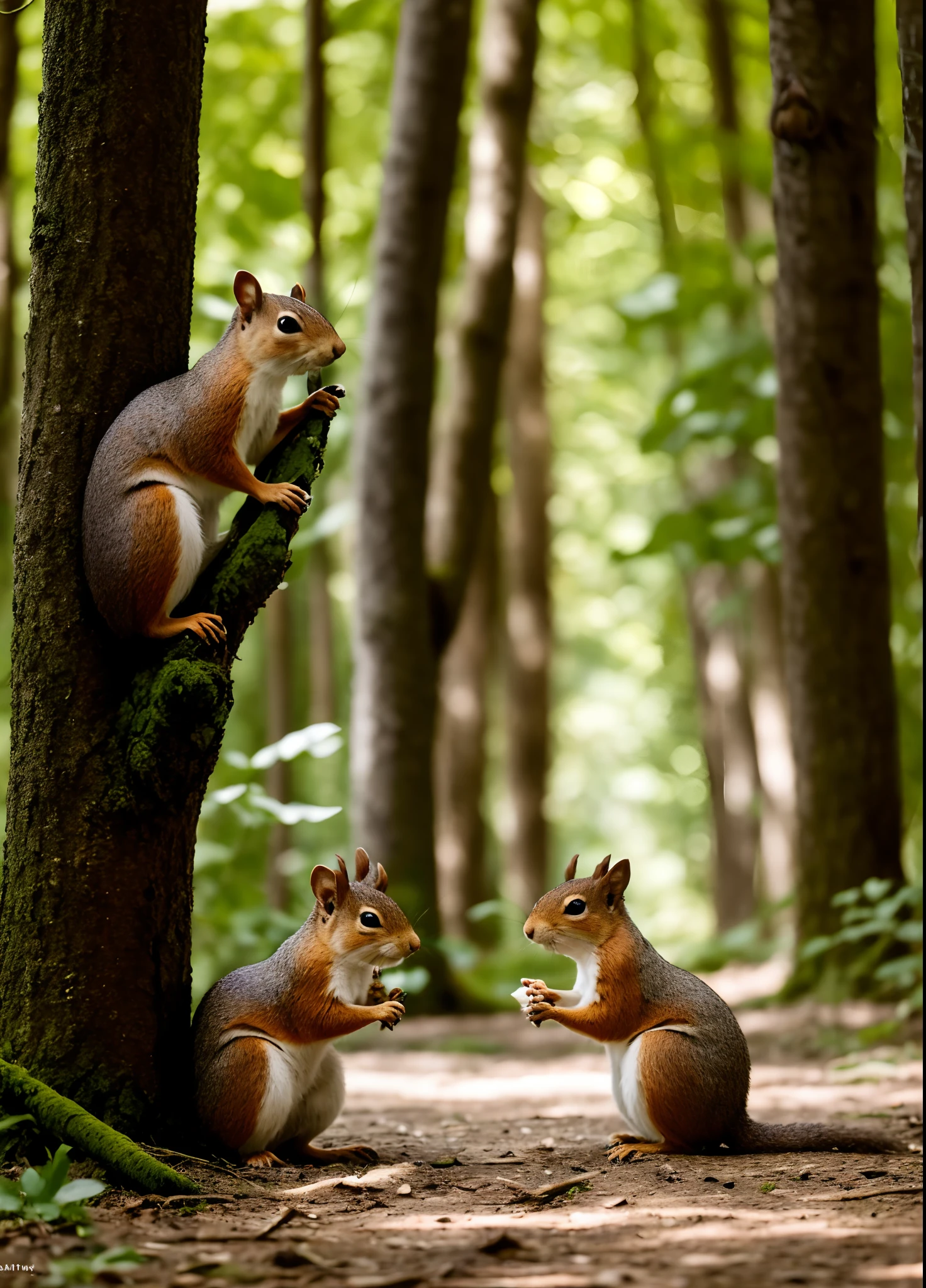 Photo in 8K RAW format, Maximum RAW quality, (view from the observer's side). Image of two squirrels in the forest, Detailed body parts, and heads, detailed hair, highly detailed skin, Image of the highest quality, a masterpiece of photography, real photography. bare footed