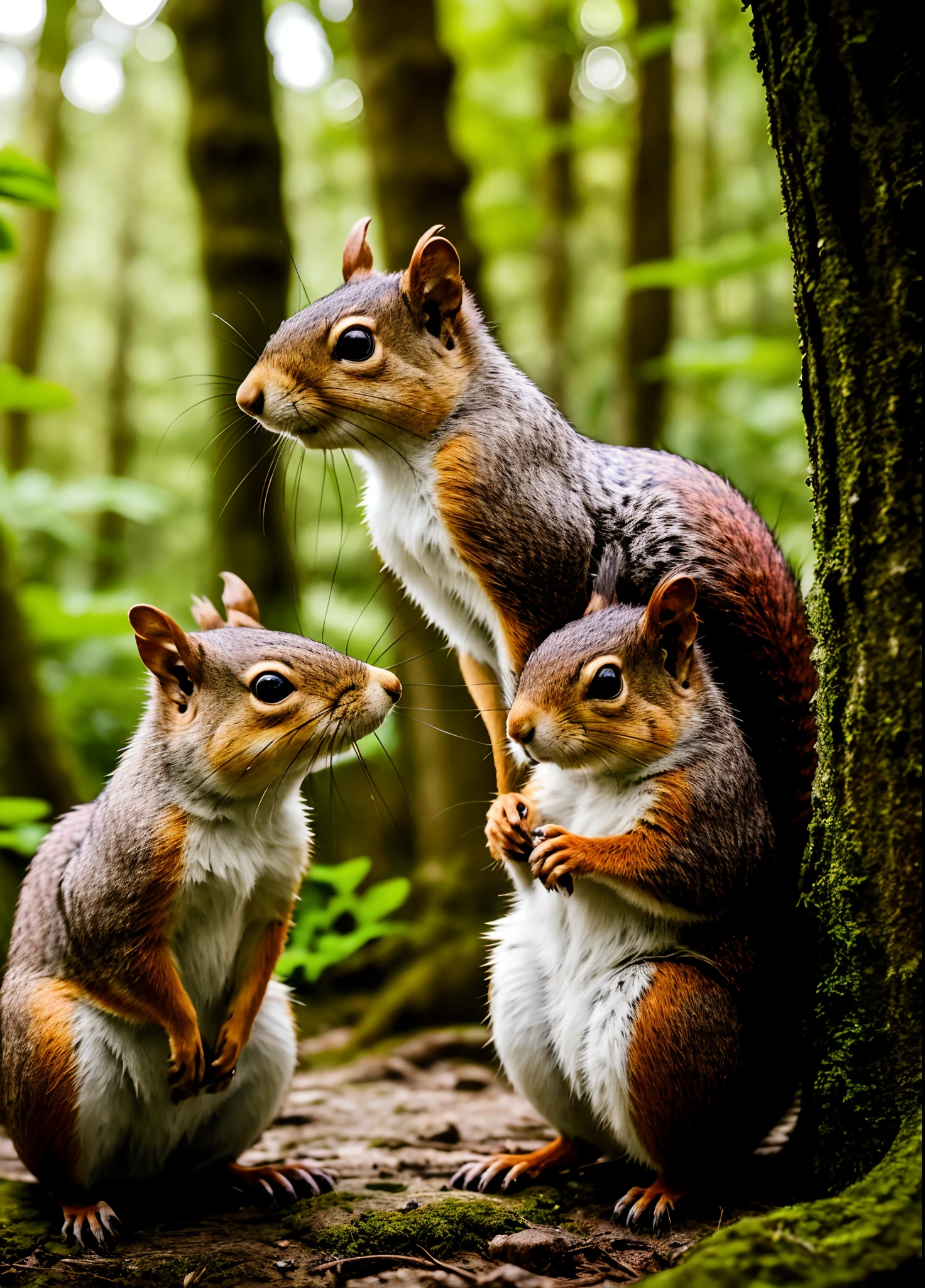 Photo in 8K RAW format, Maximum RAW quality, (view from the observer's side). Image of two squirrels in the forest, Detailed body parts, and heads, detailed hair, highly detailed skin, Image of the highest quality, a masterpiece of photography, real photography. bare footed